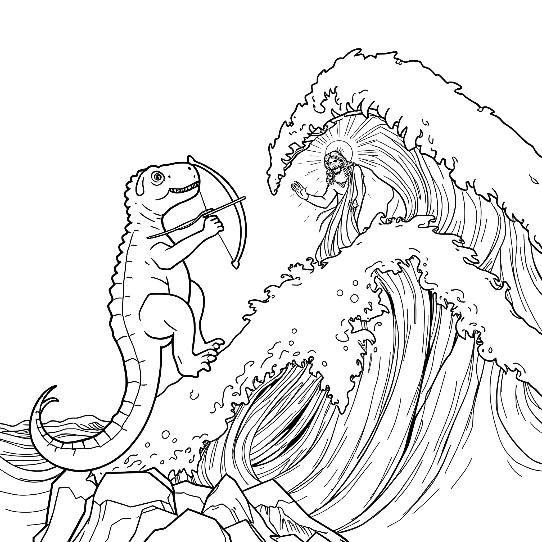 Dinosaur riding a giant wave in the ocean Coloring Page (free black-and-white line drawing printable PDF for all, from beginners to advanced learners, including children, teens, adults, and seniors)