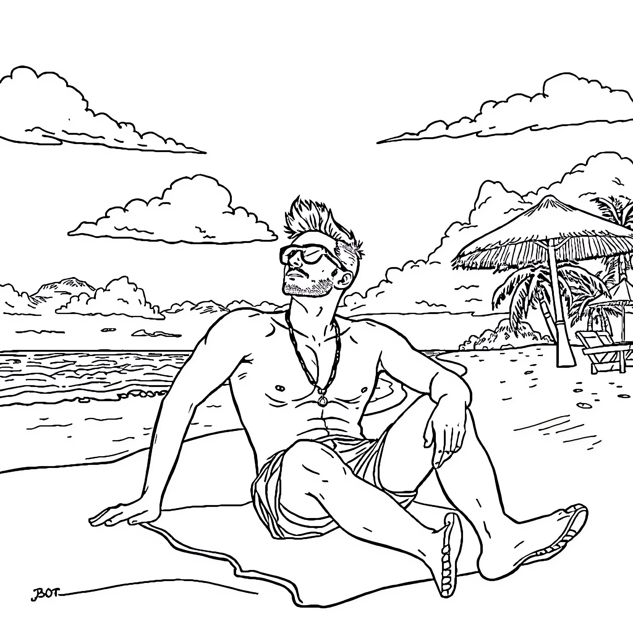 Guy relaxing on the beach with palm trees Coloring Page (free black-and-white line drawing printable PDF for all, from beginners to advanced learners, including children, teens, adults, and seniors)