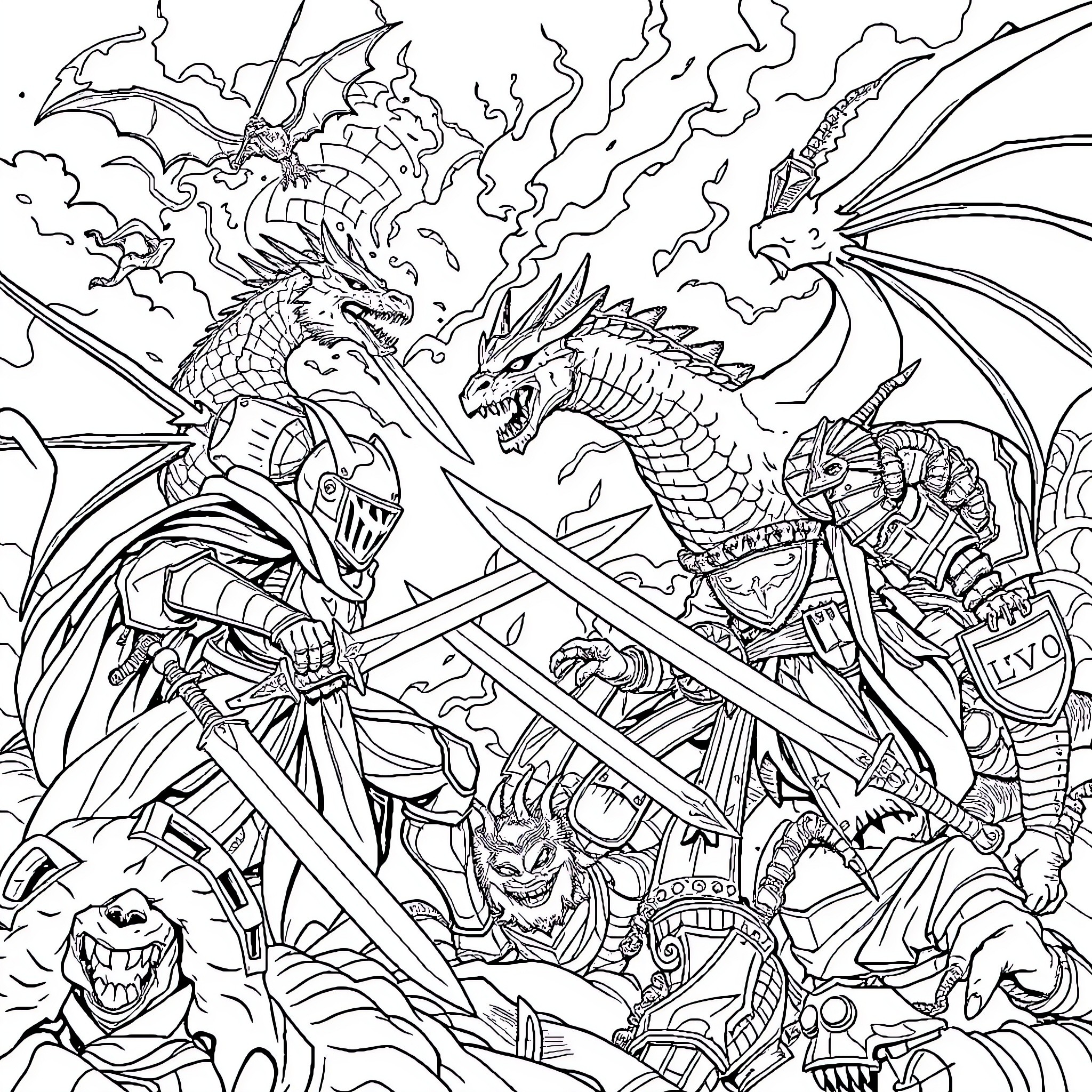 Knight battling fierce dragons in epic fantasy scene Coloring Page (free black-and-white line drawing printable PDF for all, from beginners to advanced learners, including children, teens, adults, and seniors)