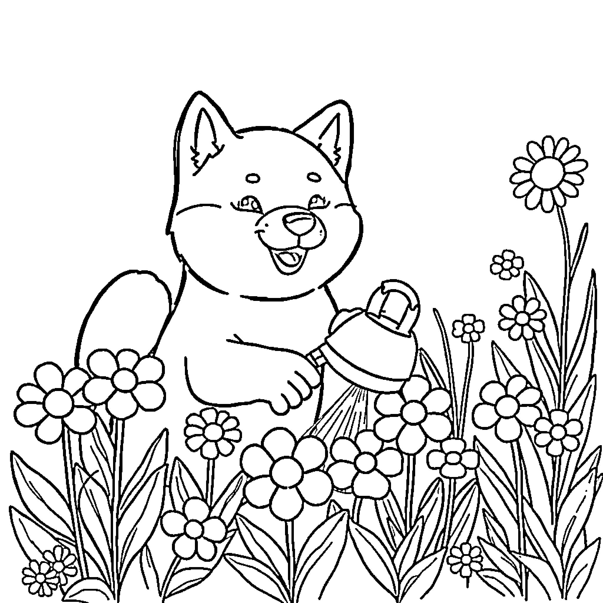 Shiba Inu playing happily in a flower garden Coloring Page (free black-and-white line drawing printable PDF for all, from beginners to advanced learners, including children, teens, adults, and seniors)