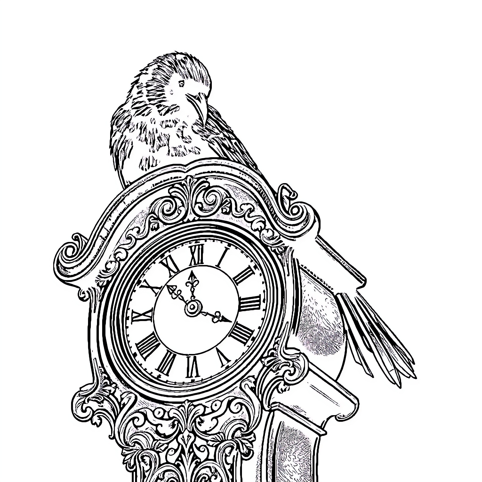 Raven perched on ornate antique clock Coloring Page (free black-and-white line drawing printable PDF for all, from beginners to advanced learners, including children, teens, adults, and seniors)