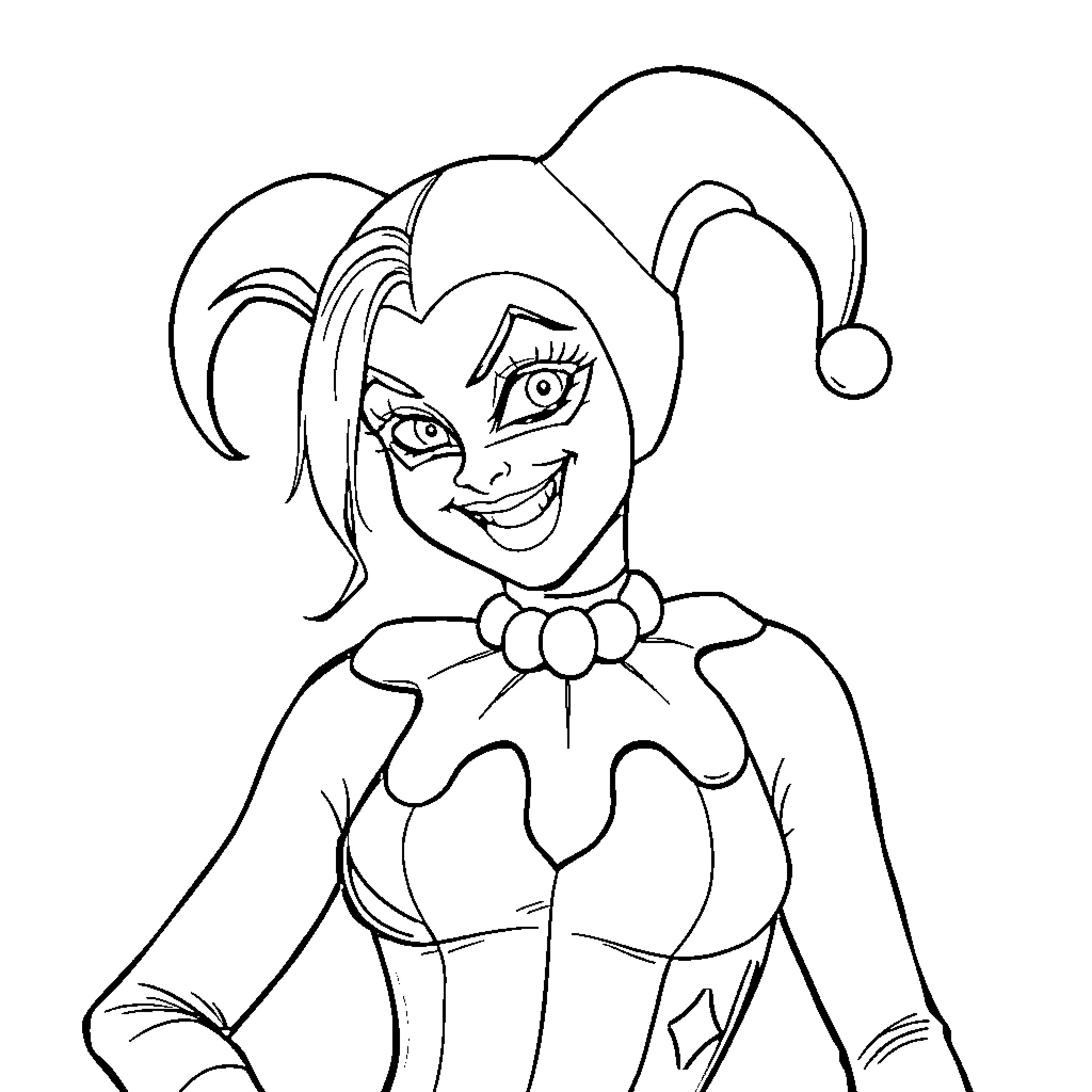 Harley Quinn in Playful Jester Outfit Coloring Page (free black-and-white line drawing printable PDF for all, from beginners to advanced learners, including children, teens, adults, and seniors)