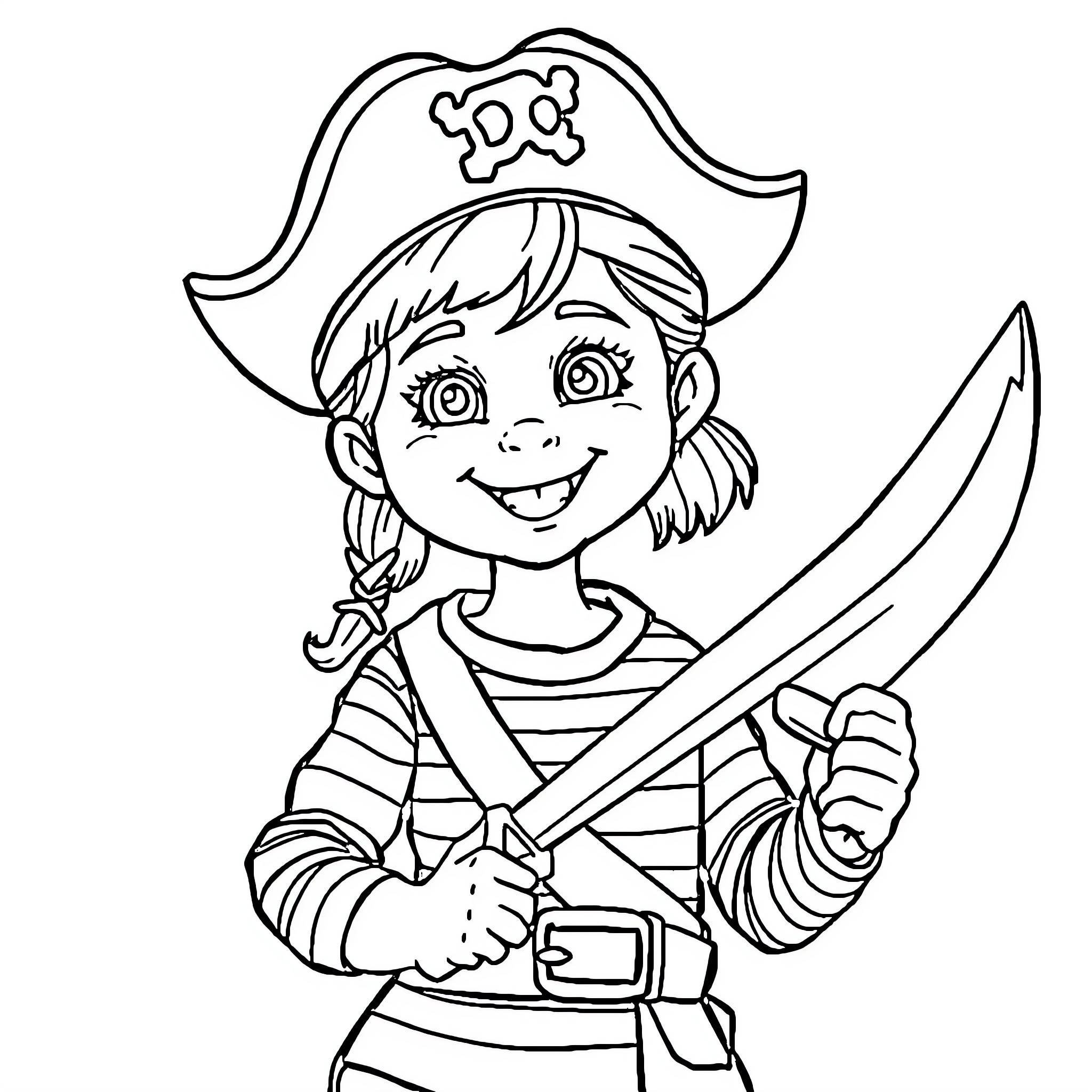Girl pirate with a sword smiling Coloring Page (free black-and-white line drawing printable PDF for all, from beginners to advanced learners, including children, teens, adults, and seniors)
