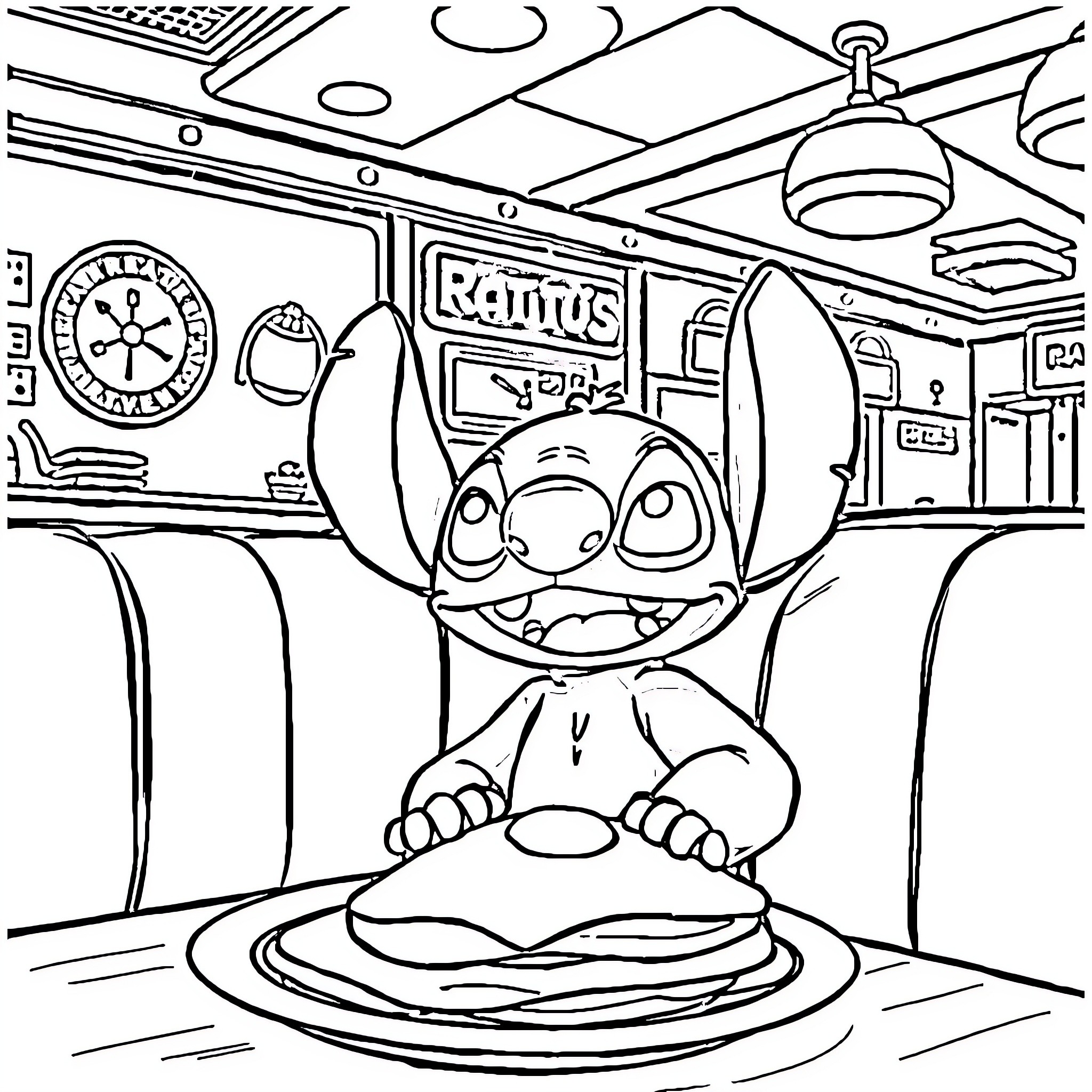 Stitch enjoying a meal in the diner Coloring Page (free black-and-white line drawing printable PDF for all, from beginners to advanced learners, including children, teens, adults, and seniors)