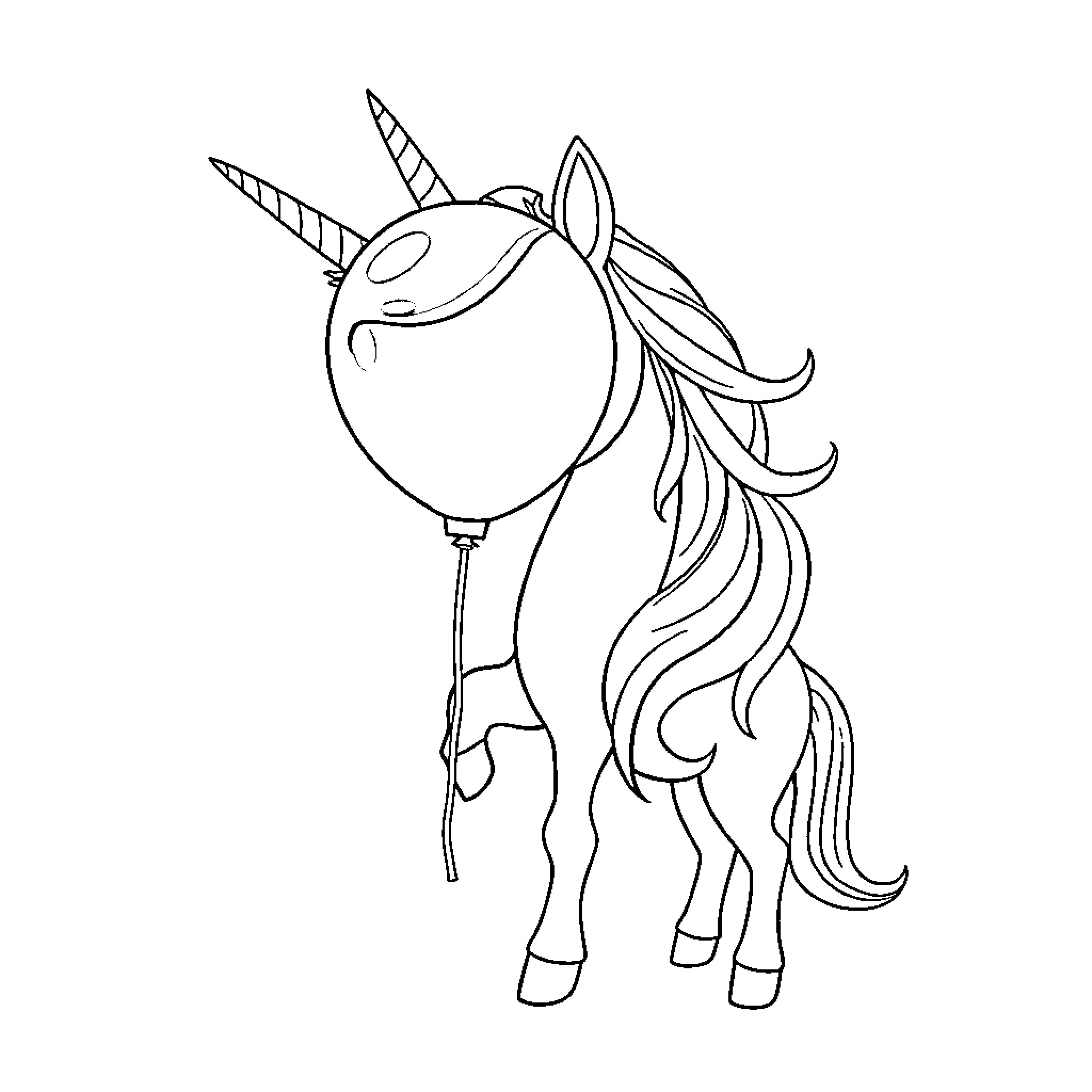 Unicorn playing with balloons in the sky Coloring Page (free black-and-white line drawing printable PDF for all, from beginners to advanced learners, including children, teens, adults, and seniors)