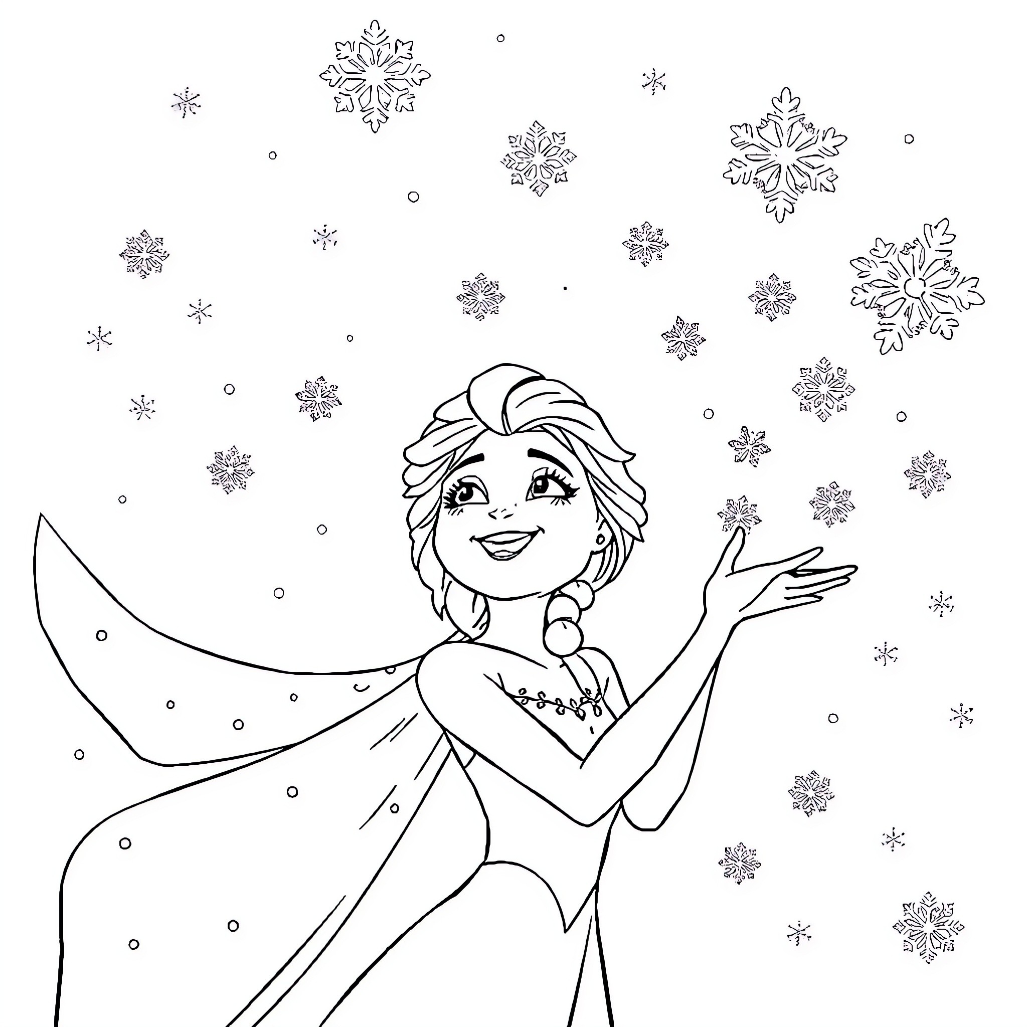 Elsa delightfully surrounded by snowflakes Coloring Page (free black-and-white line drawing printable PDF for all, from beginners to advanced learners, including children, teens, adults, and seniors)