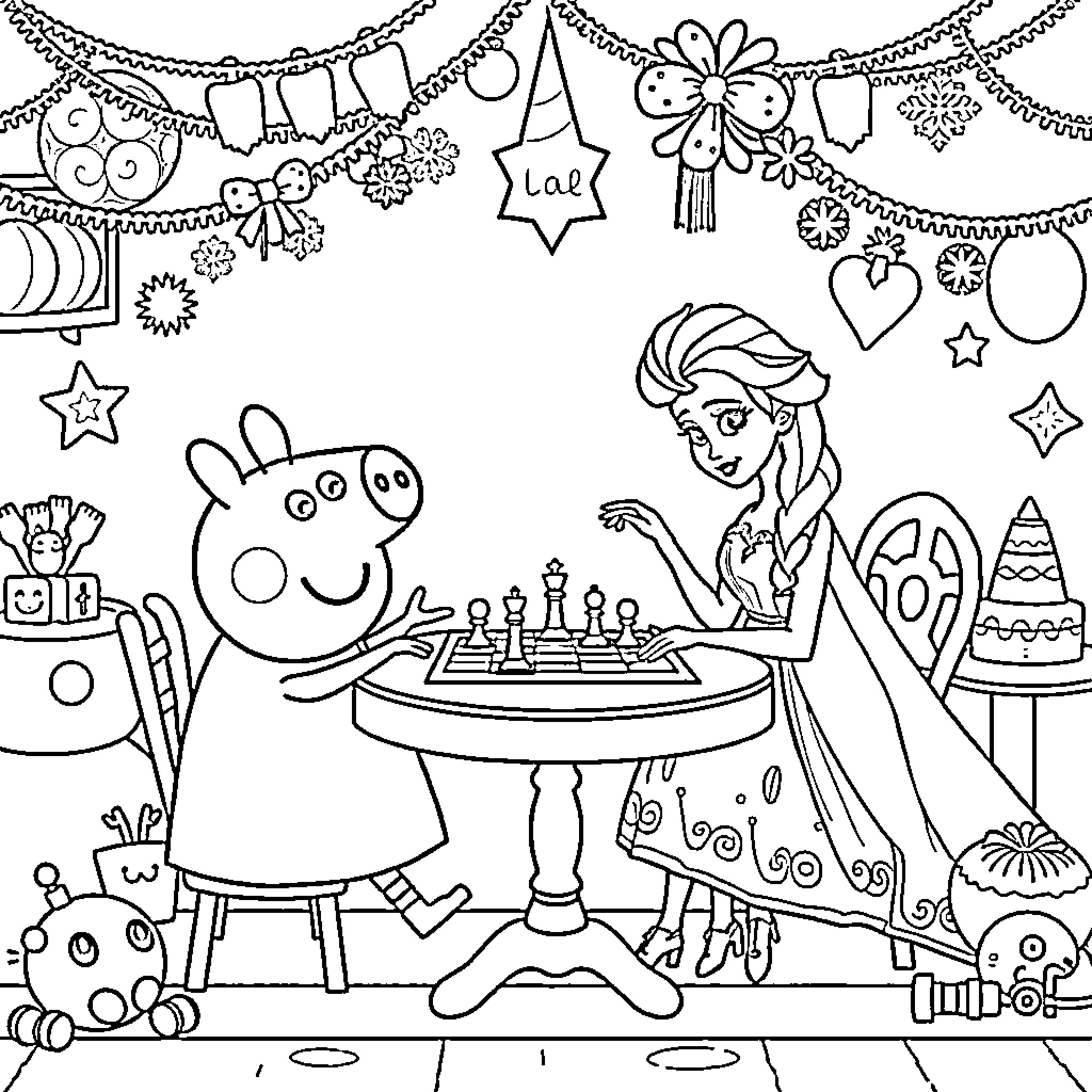 Peppa Pig playing chess with Elsa in a festive scene Coloring Page (free black-and-white line drawing printable PDF for all, from beginners to advanced learners, including children, teens, adults, and seniors)
