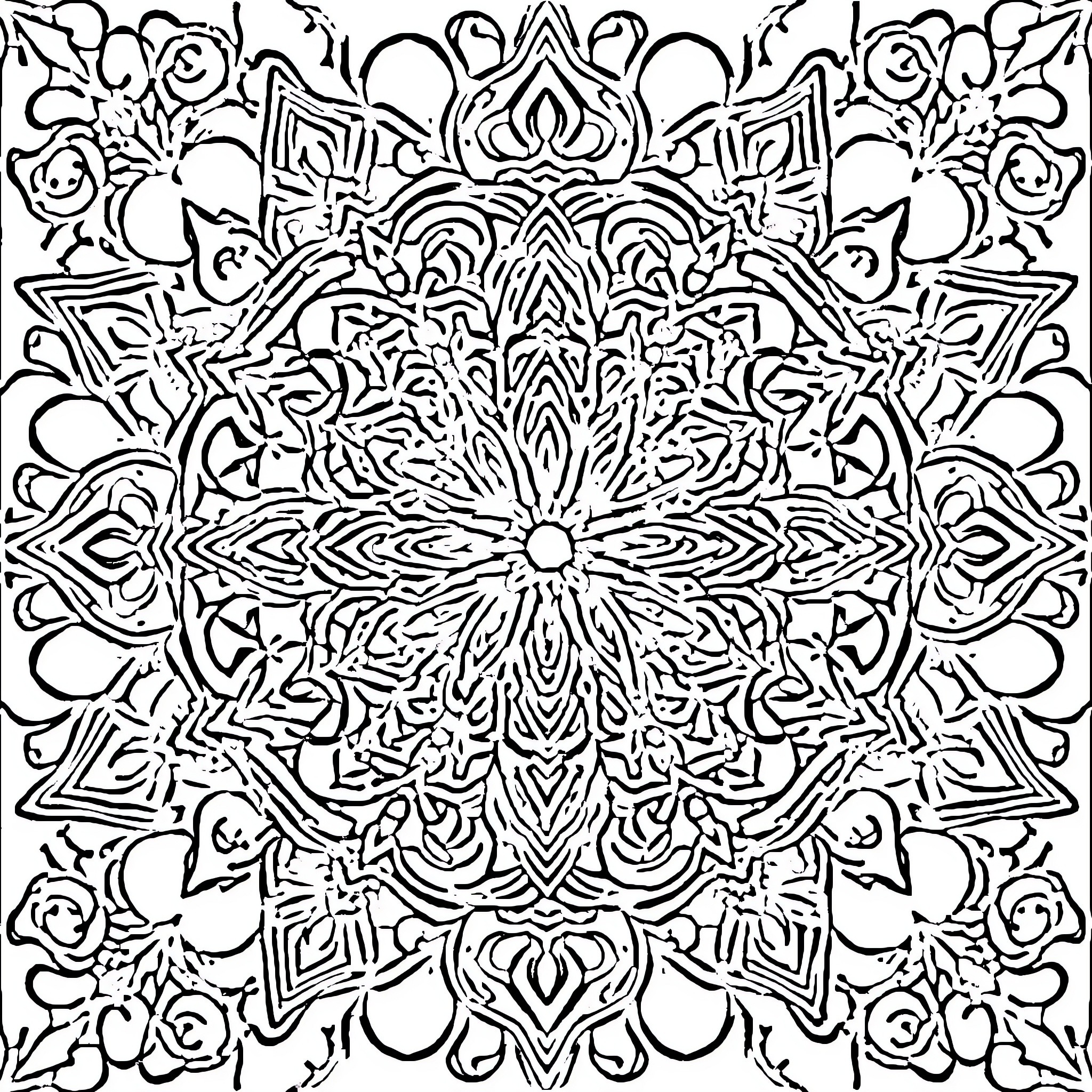 Mandala of intricate floral designs Coloring Page (free black-and-white line drawing printable PDF for all, from beginners to advanced learners, including children, teens, adults, and seniors)