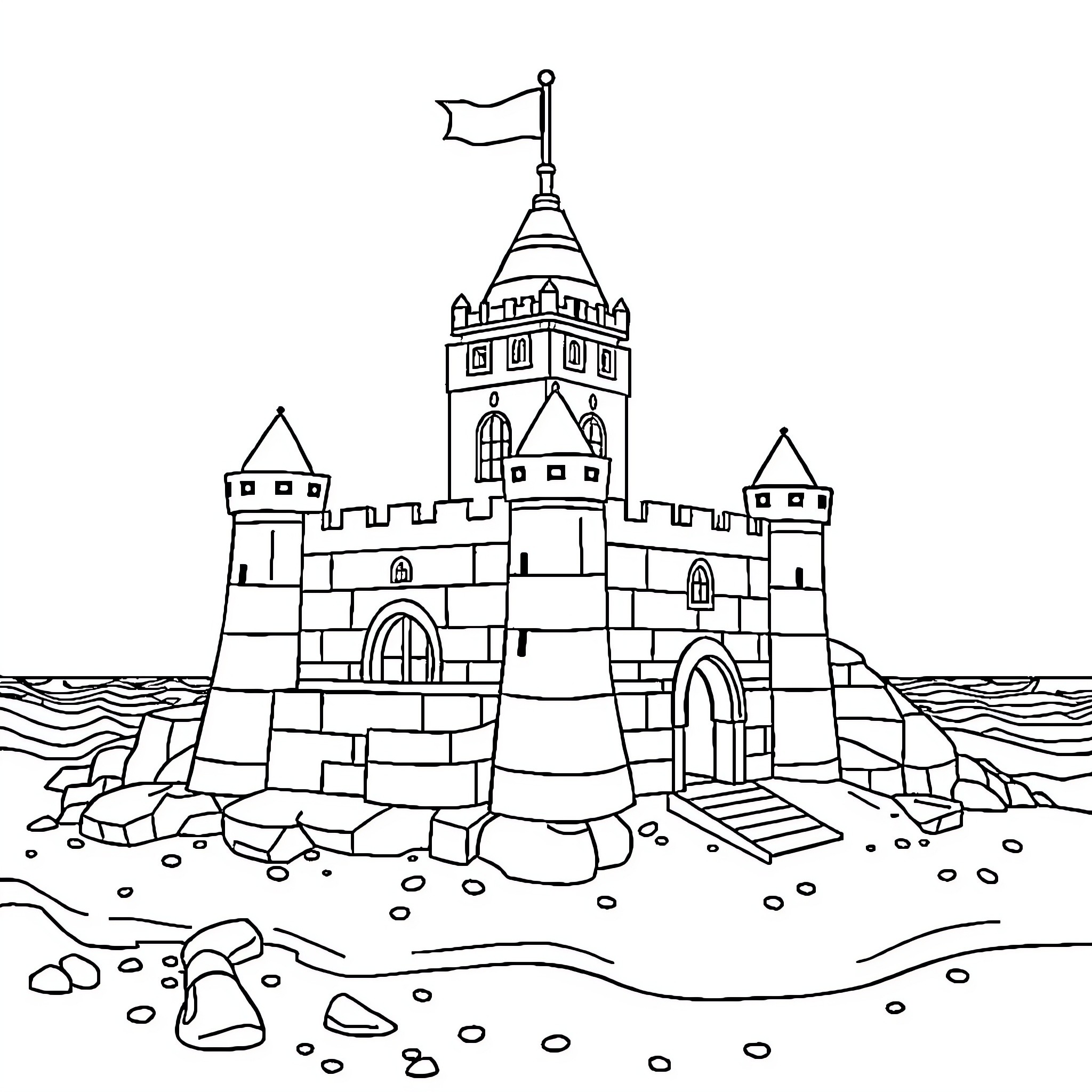 Lego medieval castle by the sea Coloring Page (free black-and-white line drawing printable PDF for all, from beginners to advanced learners, including children, teens, adults, and seniors)