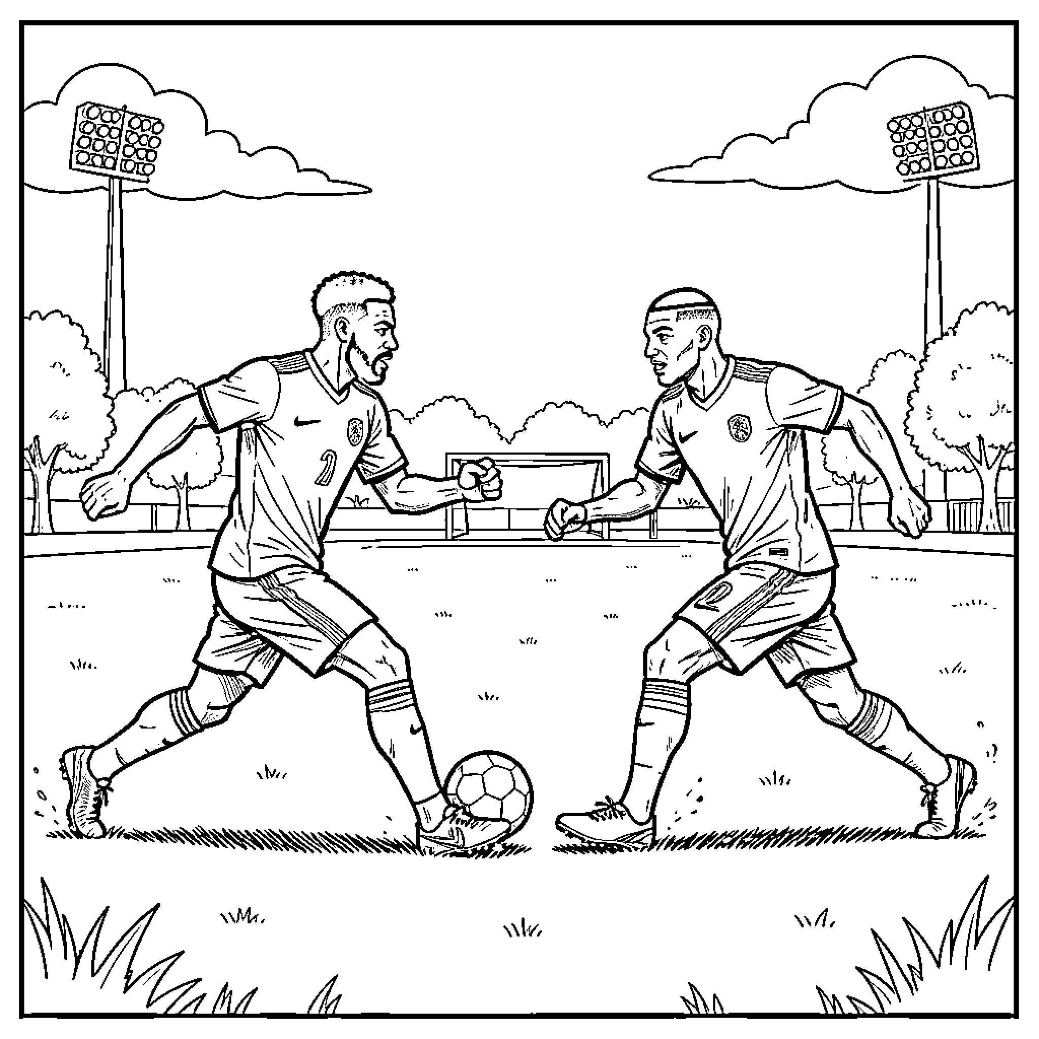 Mancraft soccer players competing for the ball on a field Coloring Page (free black-and-white line drawing printable PDF for all, from beginners to advanced learners, including children, teens, adults, and seniors)
