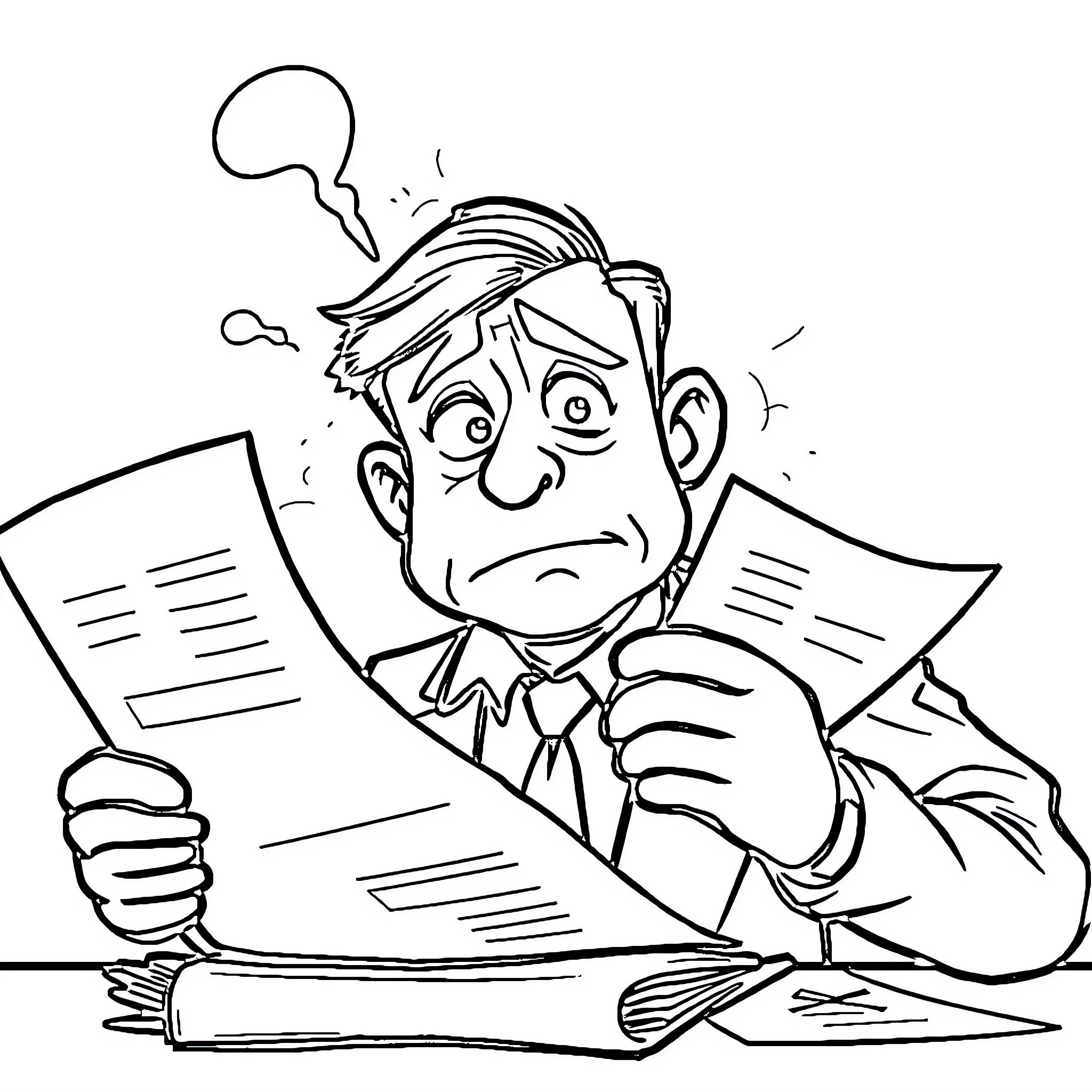 Business executive feeling stressed with important documents Coloring Page (free black-and-white line drawing printable PDF for all, from beginners to advanced learners, including children, teens, adults, and seniors)