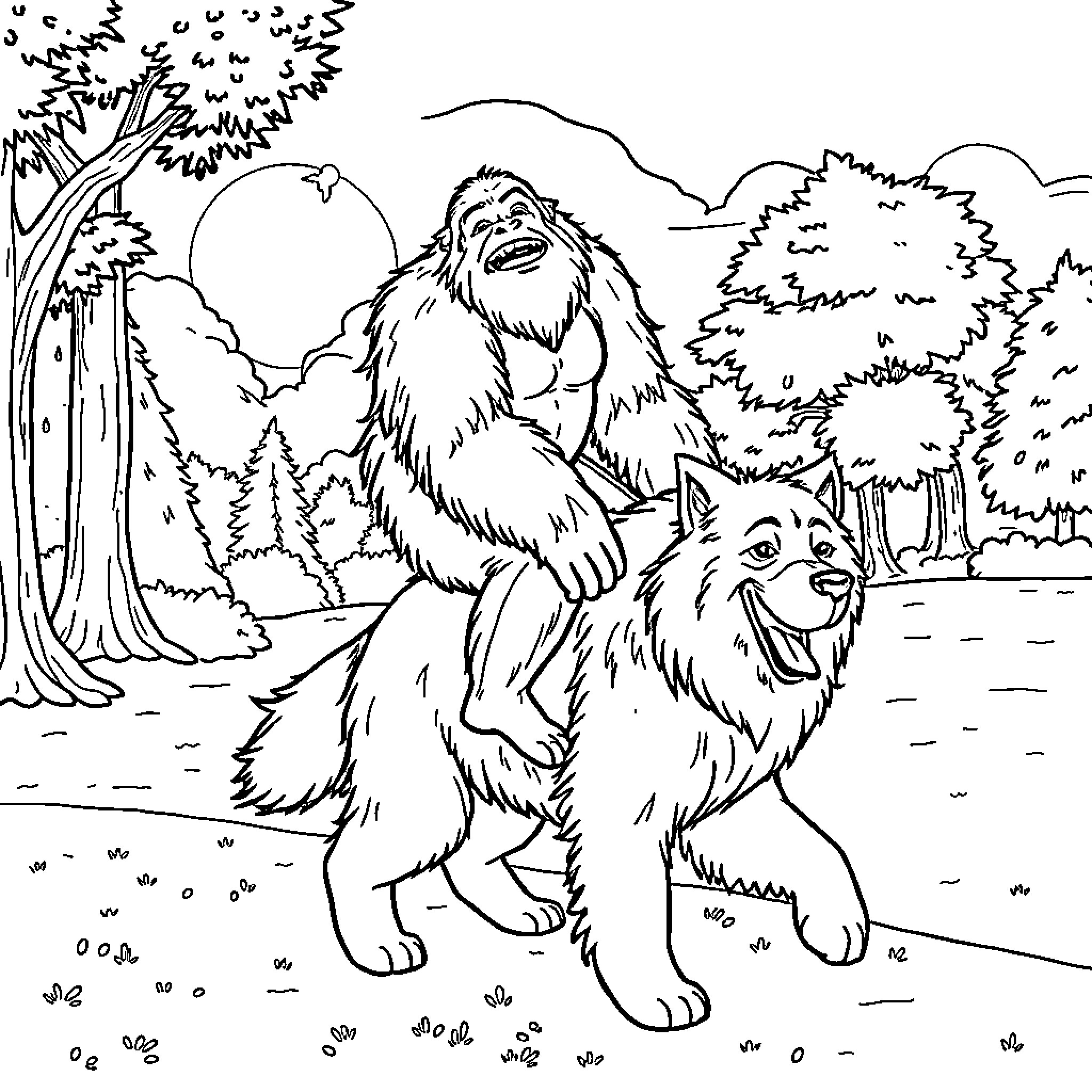 Bigfoot riding a wolf in the wilderness Coloring Page (free black-and-white line drawing printable PDF for all, from beginners to advanced learners, including children, teens, adults, and seniors)
