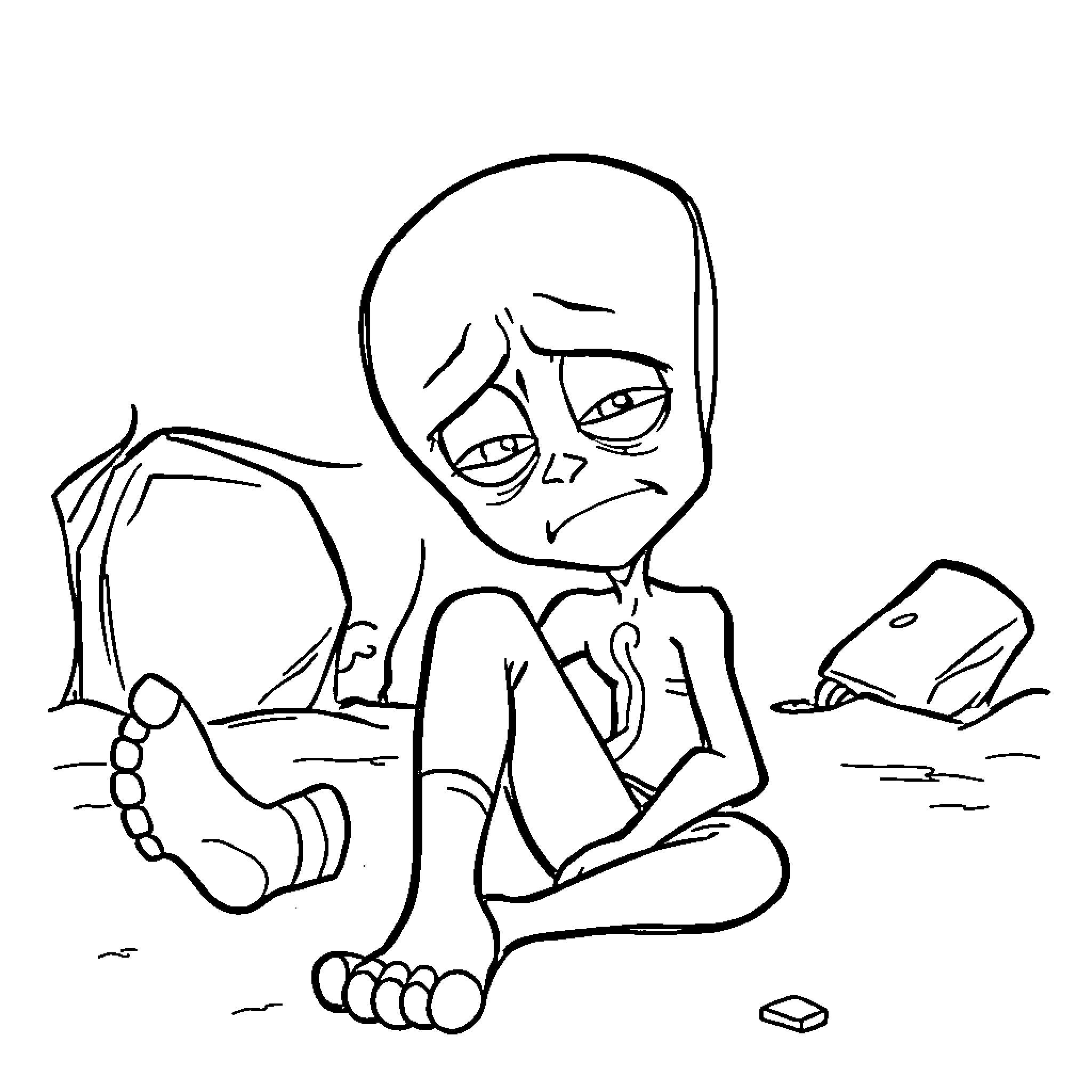 Megamind character in a pensive pose Coloring Page (free black-and-white line drawing printable PDF for all, from beginners to advanced learners, including children, teens, adults, and seniors)