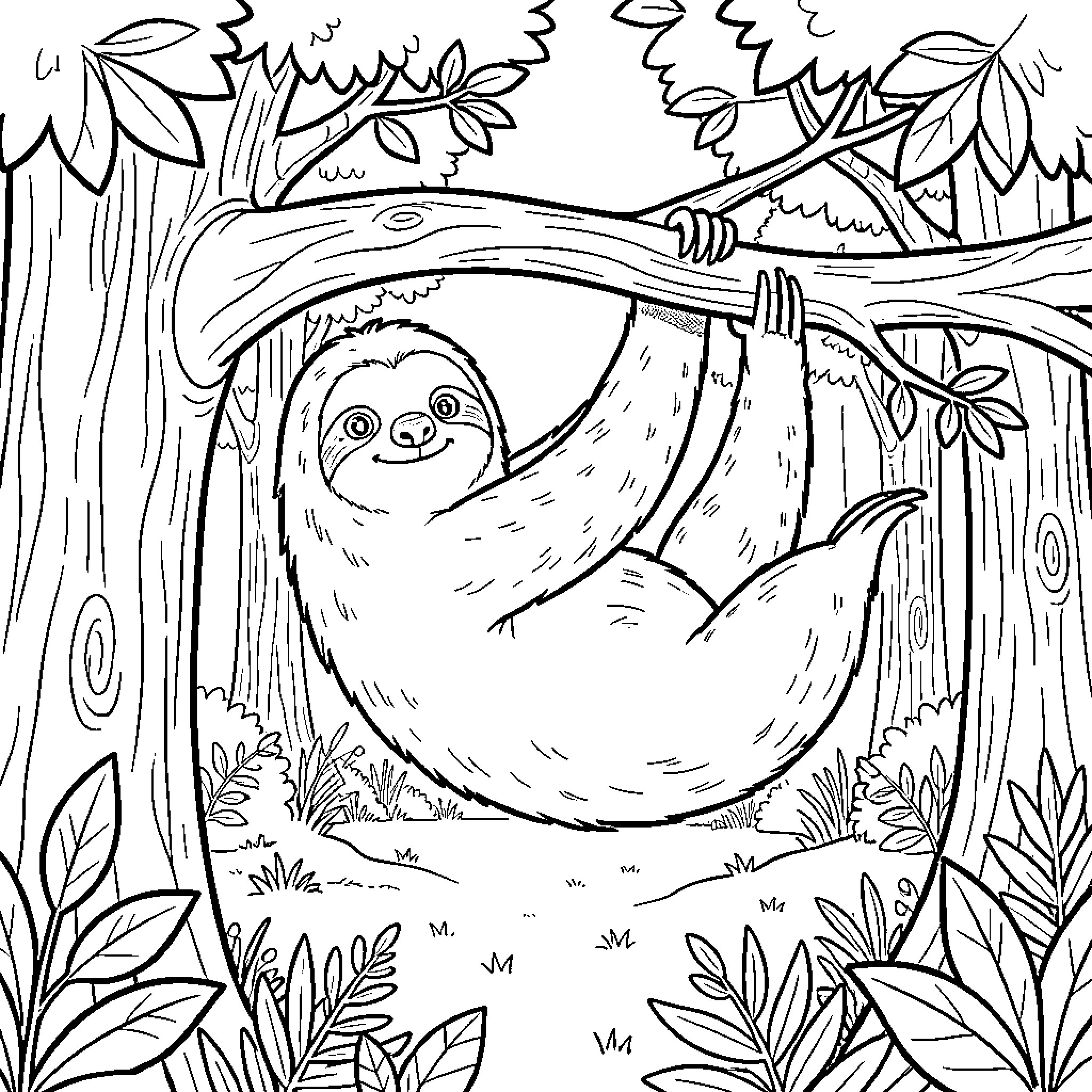 Sloth hanging happily from a jungle tree branch Coloring Page (free black-and-white line drawing printable PDF for all, from beginners to advanced learners, including children, teens, adults, and seniors)