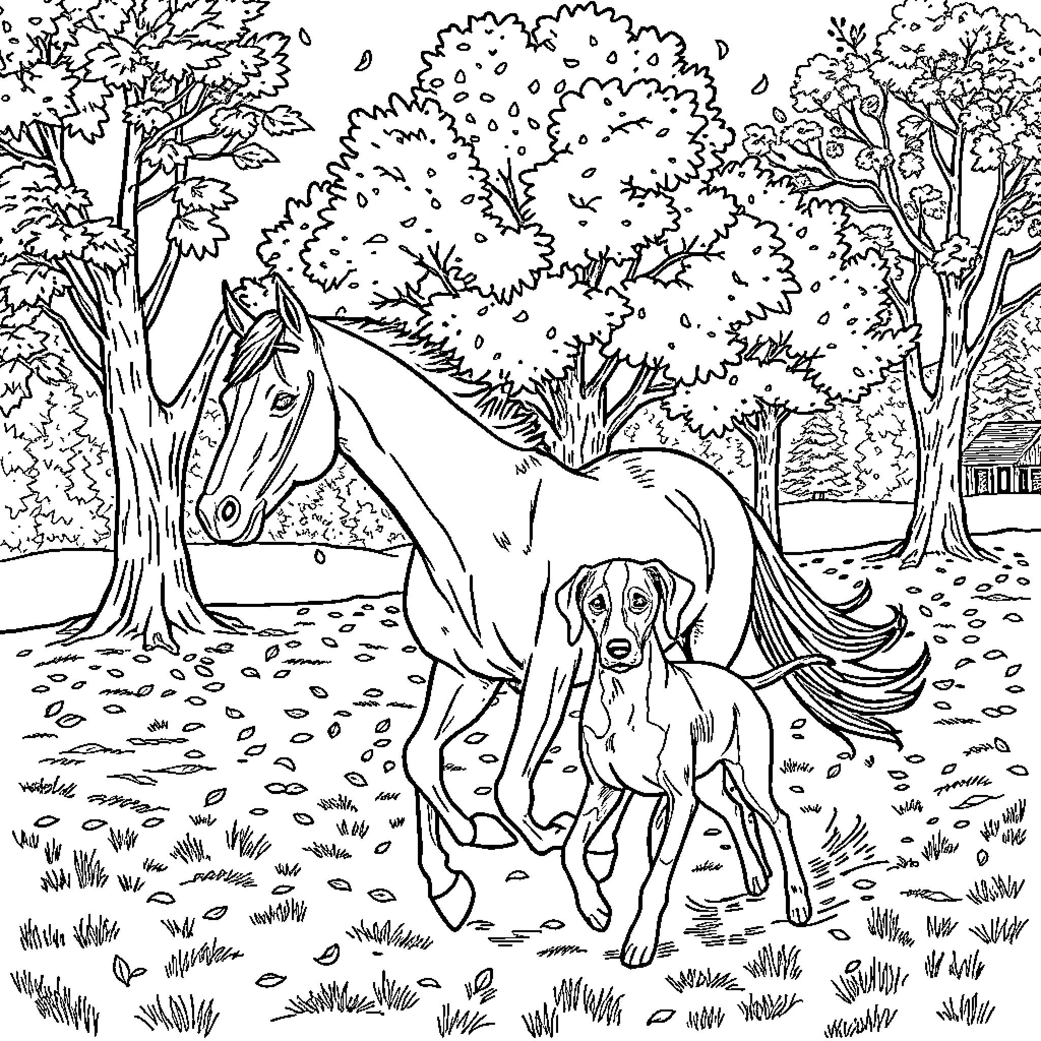 Horse and dog playing together in the forest Coloring Page (free black-and-white line drawing printable PDF for all, from beginners to advanced learners, including children, teens, adults, and seniors)