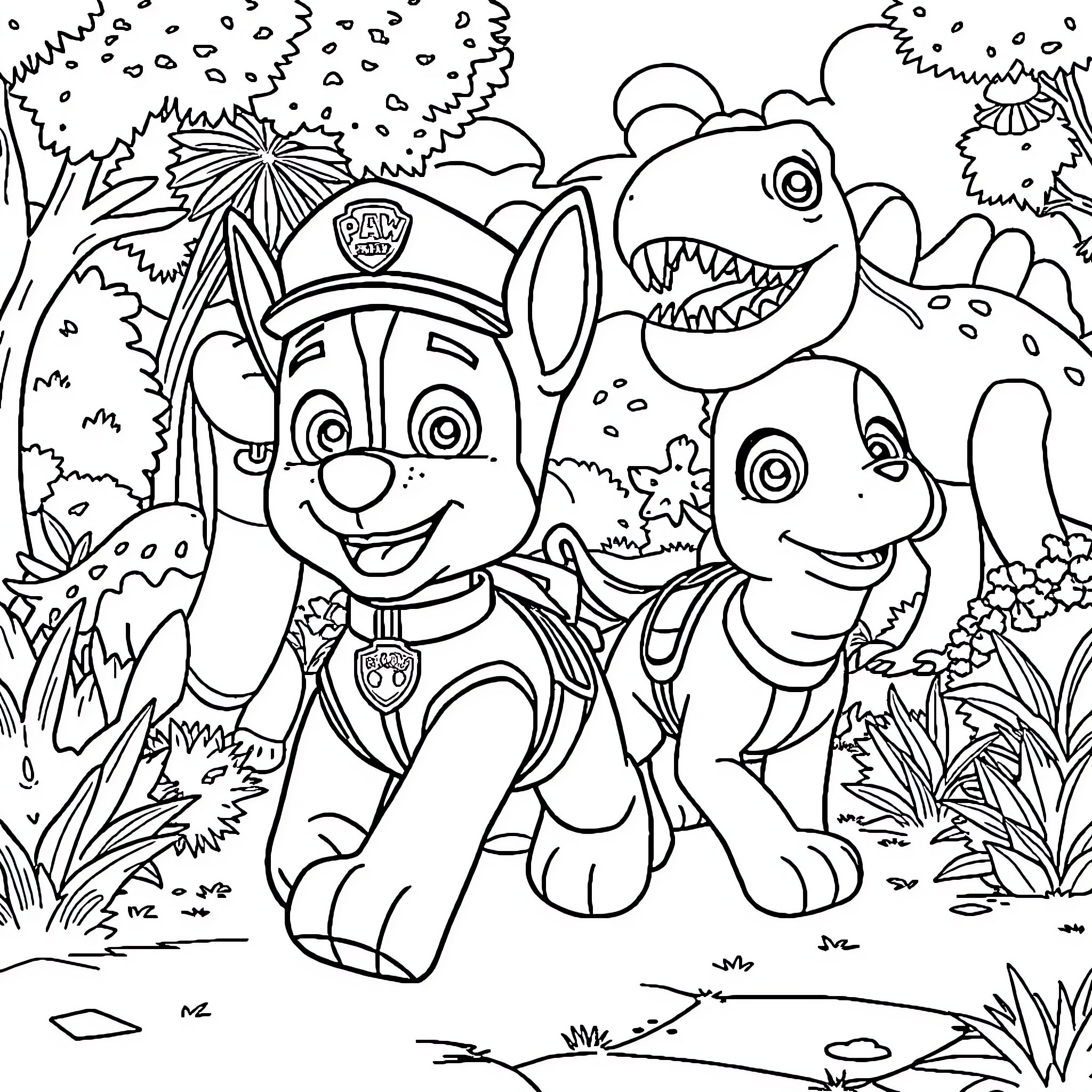 Chase through the Jungle with Paw Patrol Pups Coloring Page (free black-and-white line drawing printable PDF for all, from beginners to advanced learners, including children, teens, adults, and seniors)