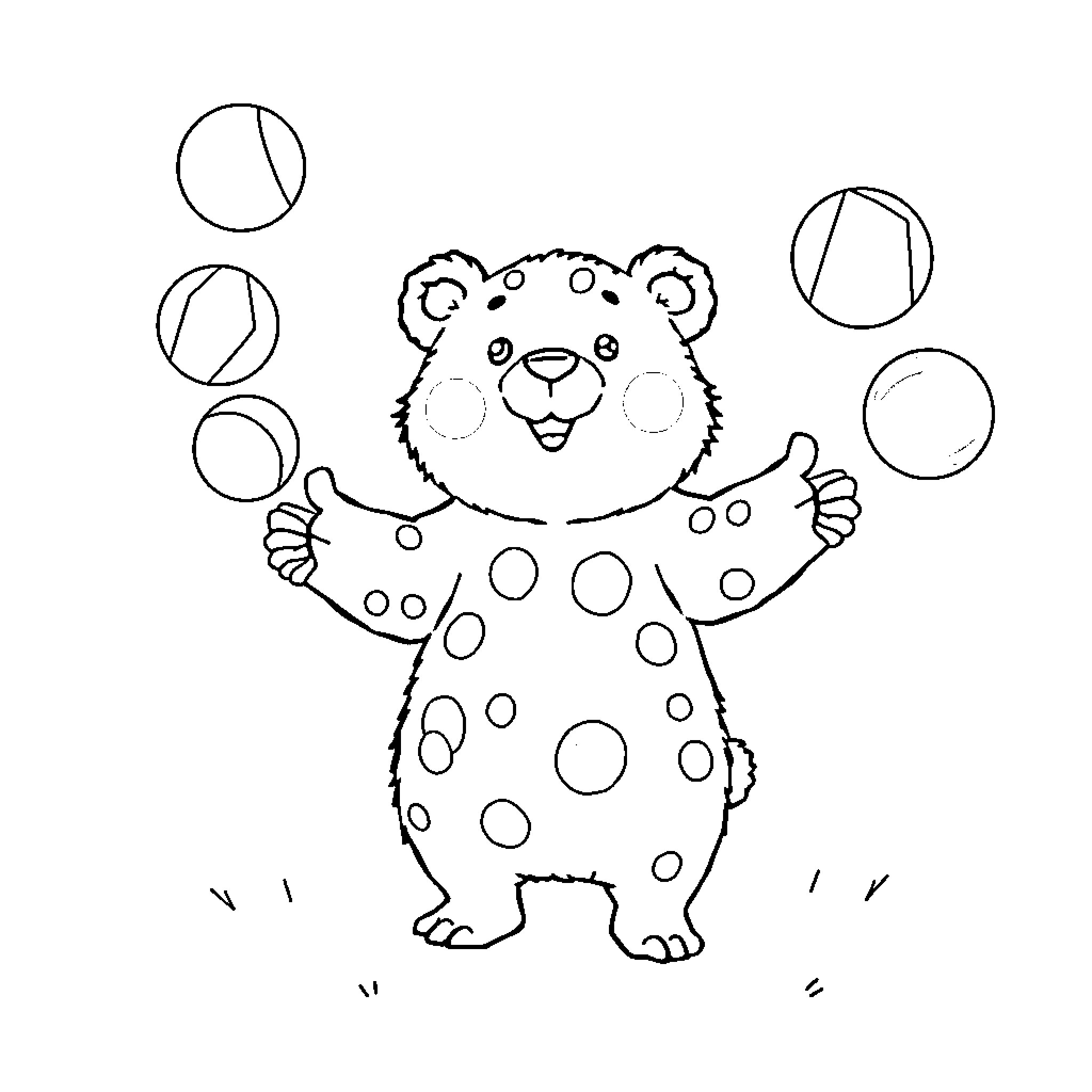 Bear juggling colorful balls joyfully Coloring Page (free black-and-white line drawing printable PDF for all, from beginners to advanced learners, including children, teens, adults, and seniors)