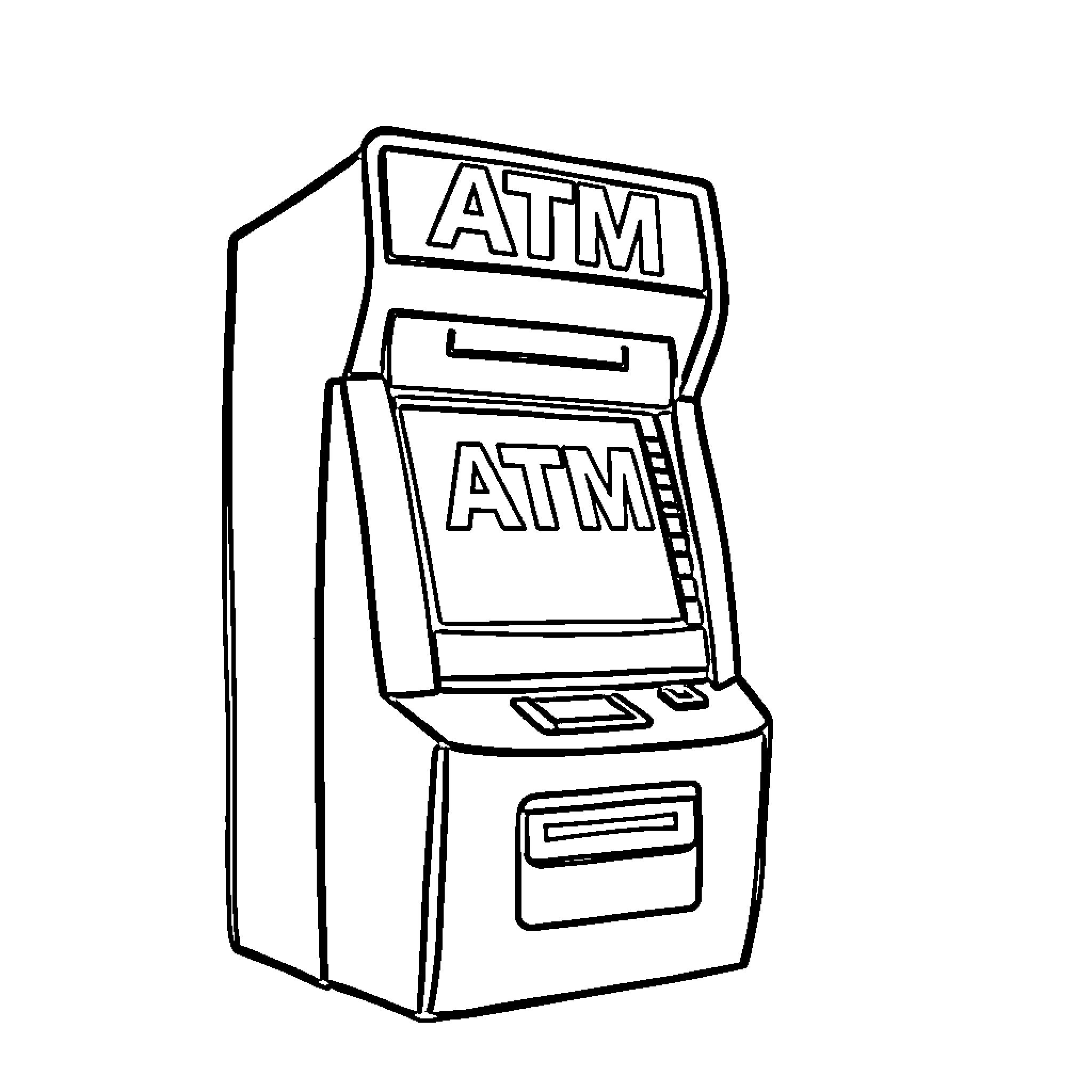 ATM machine dispensing cash Coloring Page (free black-and-white line drawing printable PDF for all, from beginners to advanced learners, including children, teens, adults, and seniors)