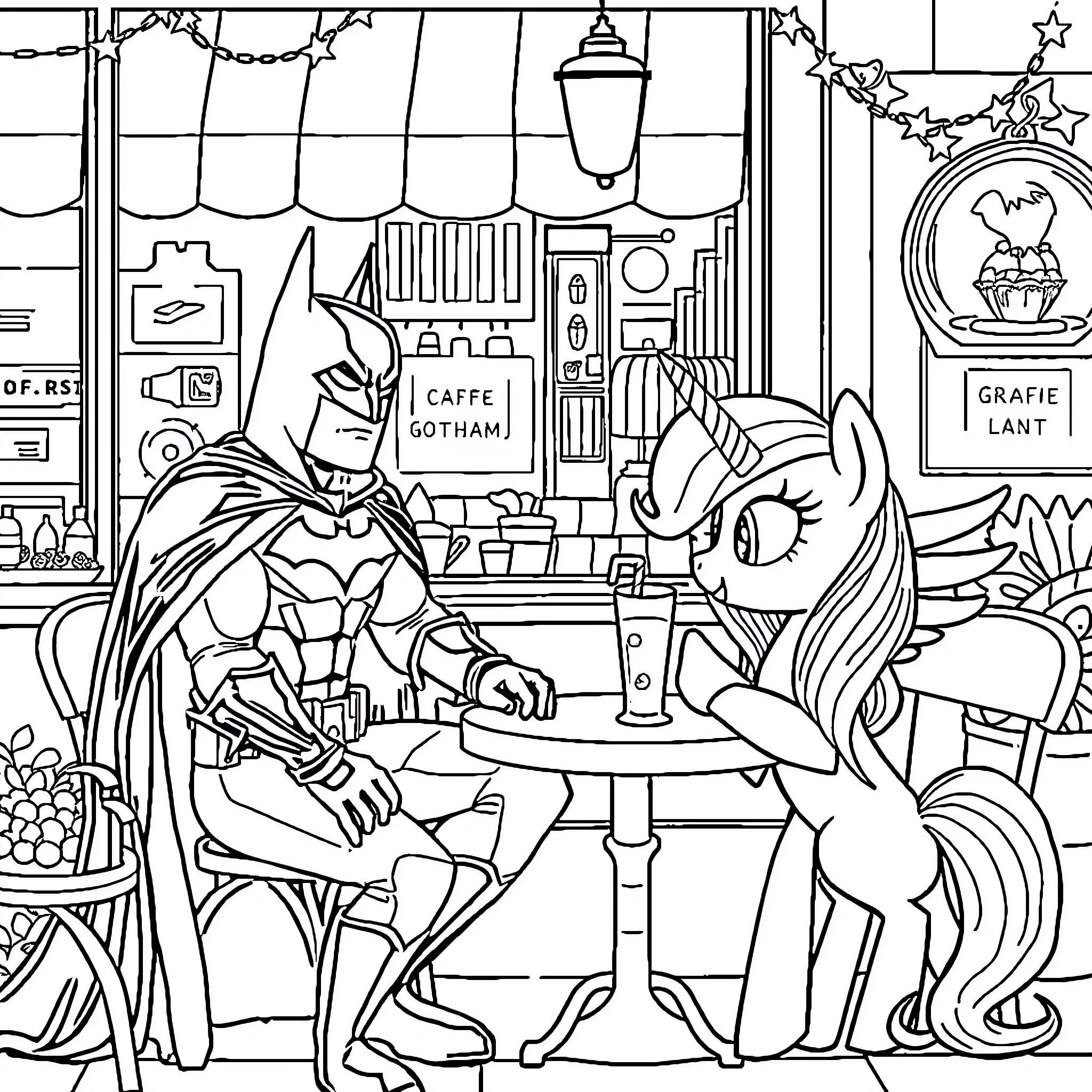 Batman enjoying coffee with a colorful friend in Gotham Coloring Page (free black-and-white line drawing printable PDF for all, from beginners to advanced learners, including children, teens, adults, and seniors)