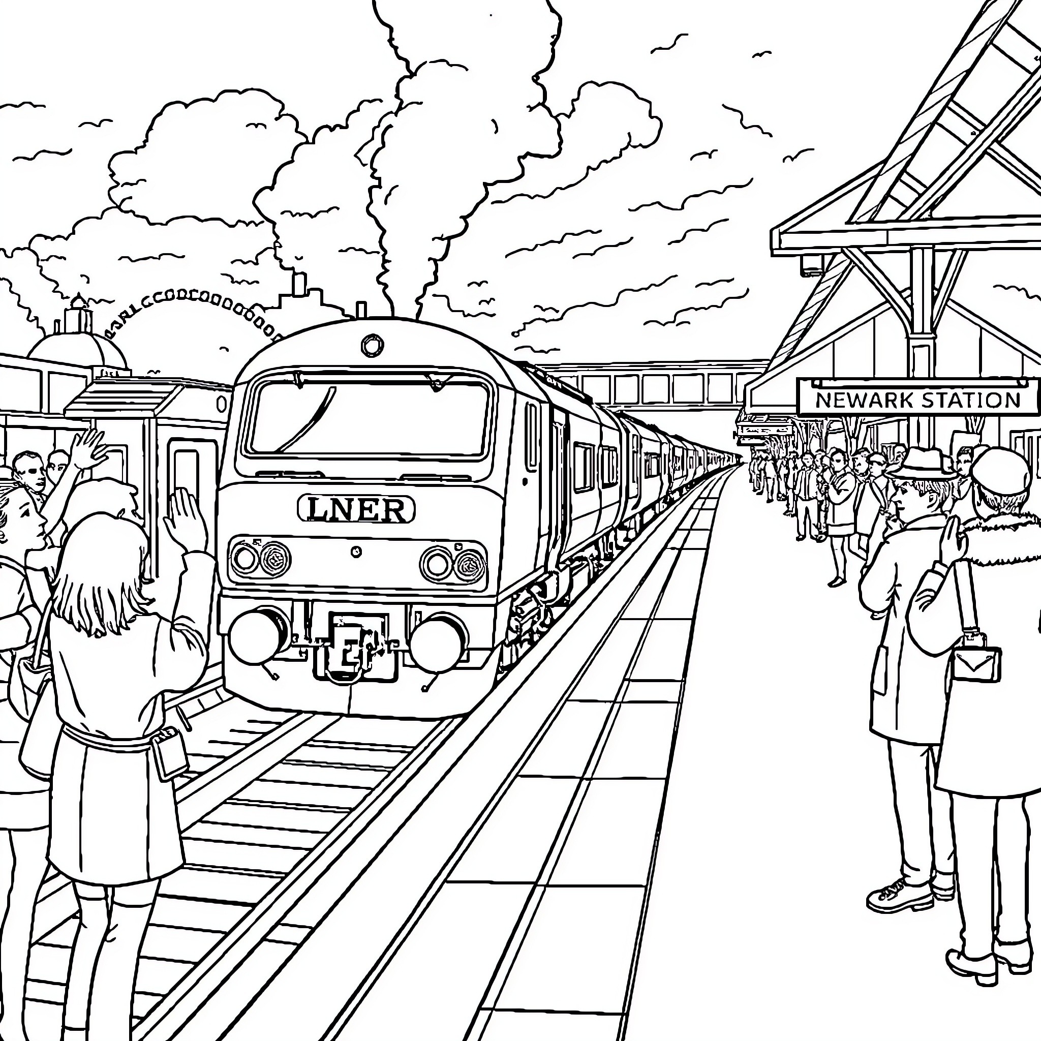 Train arriving at busy station with passengers Coloring Page (free black-and-white line drawing printable PDF for all, from beginners to advanced learners, including children, teens, adults, and seniors)