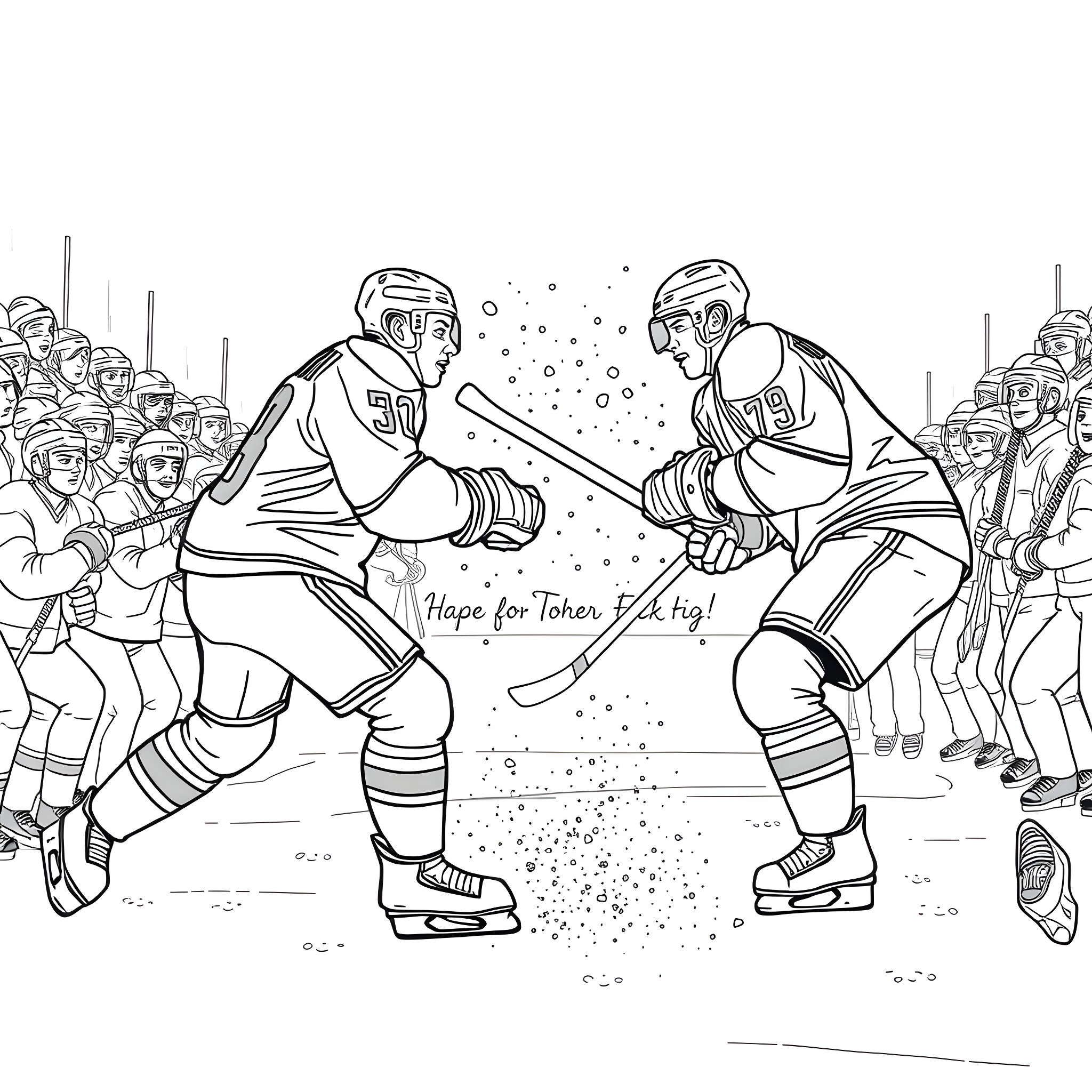 Ice Hockey Players Engaged in Intense Match Coloring Page (free black-and-white line drawing printable PDF for all, from beginners to advanced learners, including children, teens, adults, and seniors)