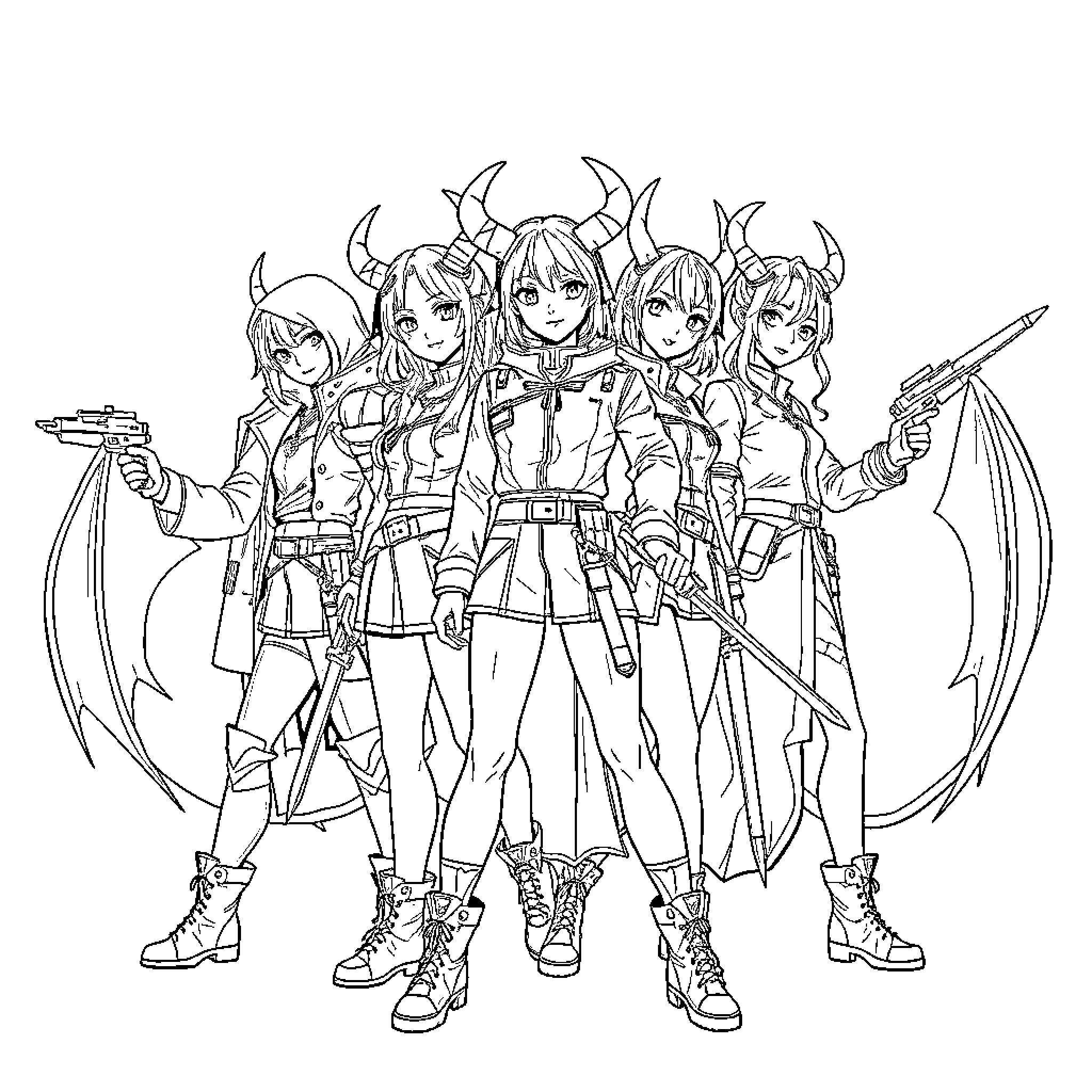 Demon Hunter Squad in Action Poses Coloring Page (free black-and-white line drawing printable PDF for all, from beginners to advanced learners, including children, teens, adults, and seniors)