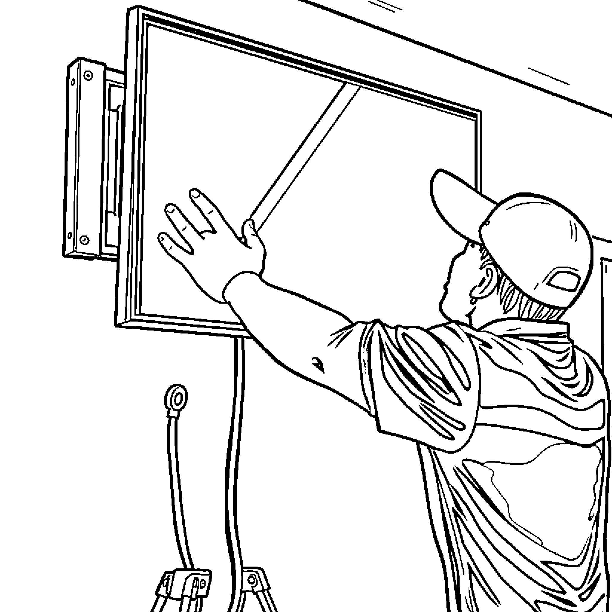 TV Technician adjusting electronic device Coloring Page (free black-and-white line drawing printable PDF for all, from beginners to advanced learners, including children, teens, adults, and seniors)
