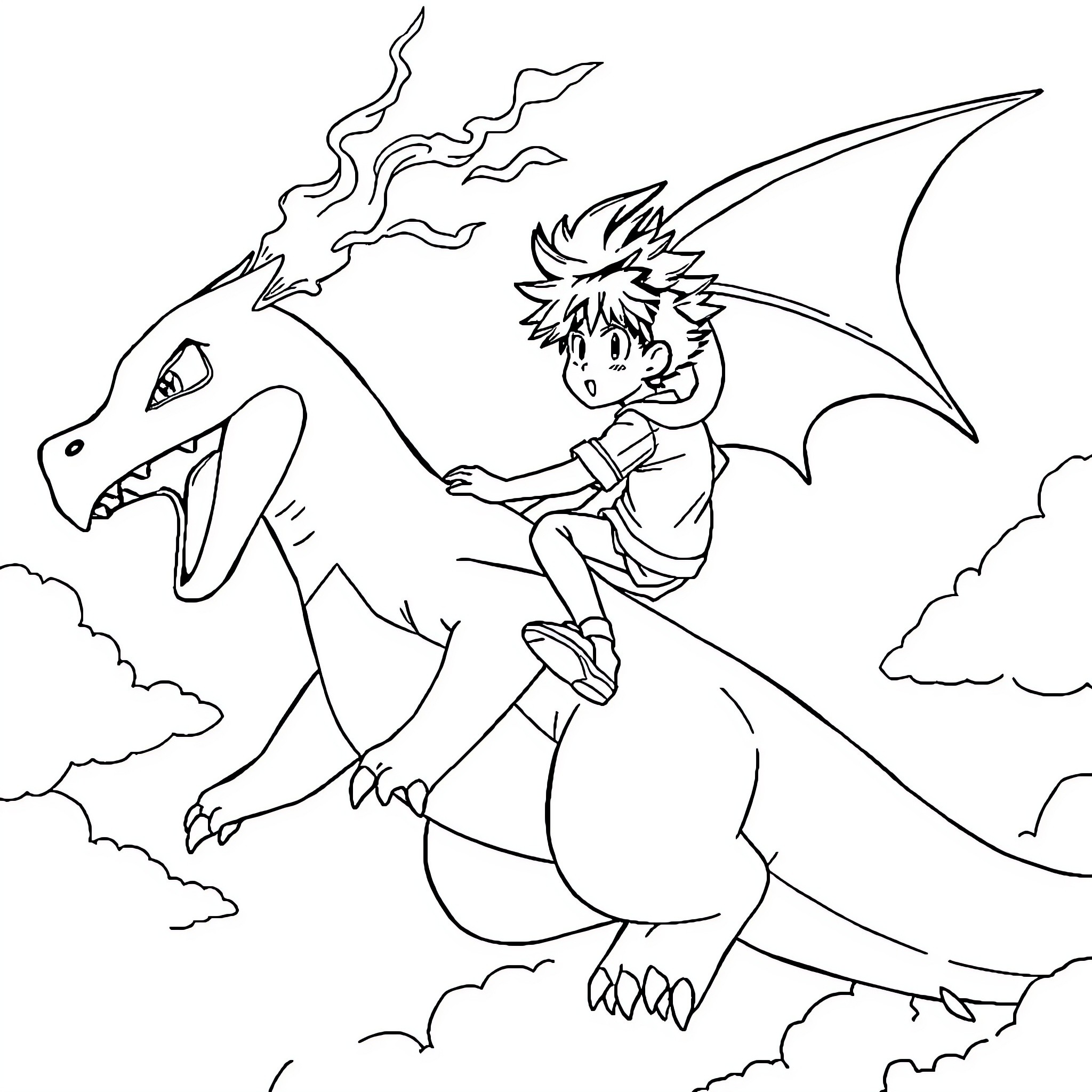 Izuku riding a fiery dragon in the sky Coloring Page (free black-and-white line drawing printable PDF for all, from beginners to advanced learners, including children, teens, adults, and seniors)