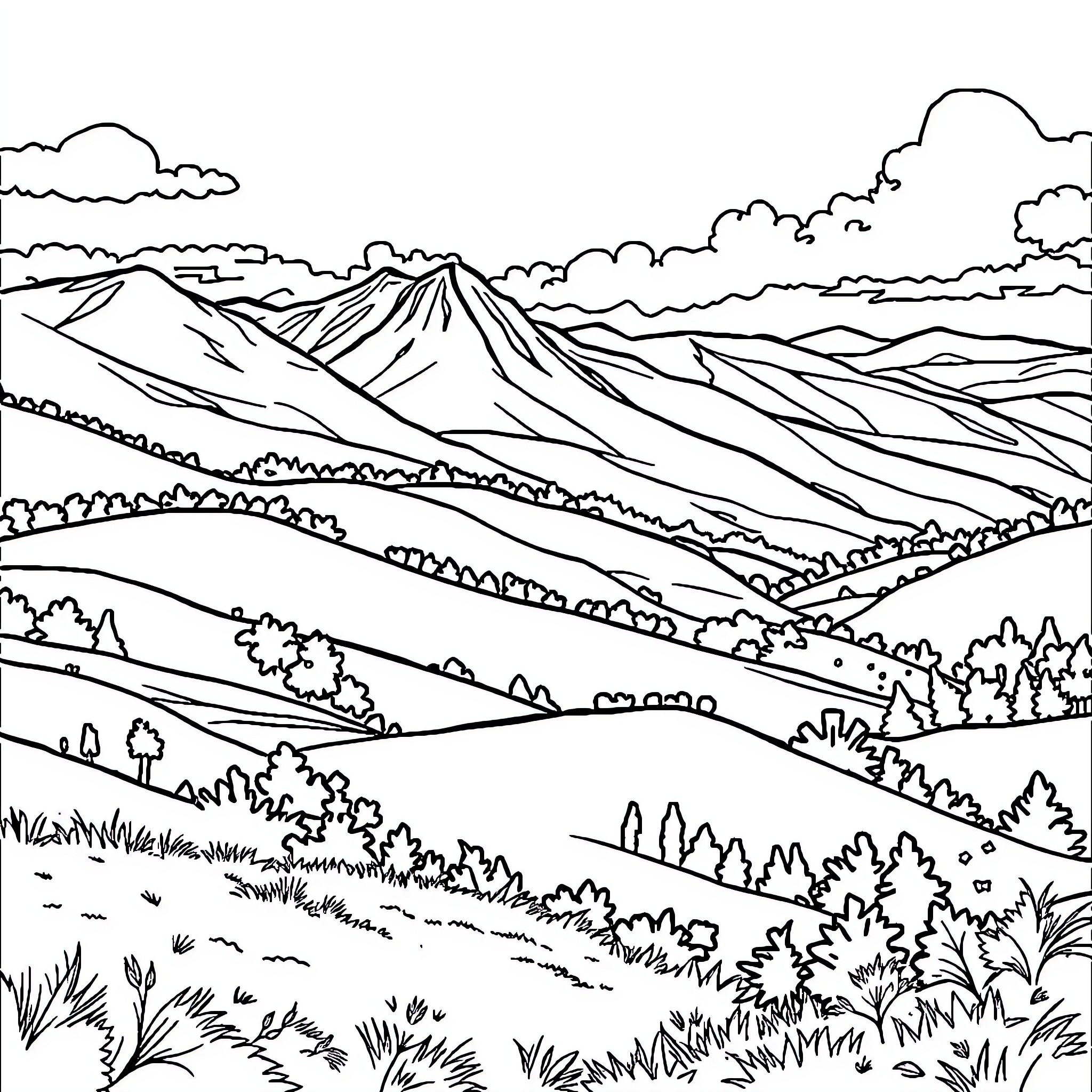 West Virginia scenic mountain landscape Coloring Page (free black-and-white line drawing printable PDF for all, from beginners to advanced learners, including children, teens, adults, and seniors)
