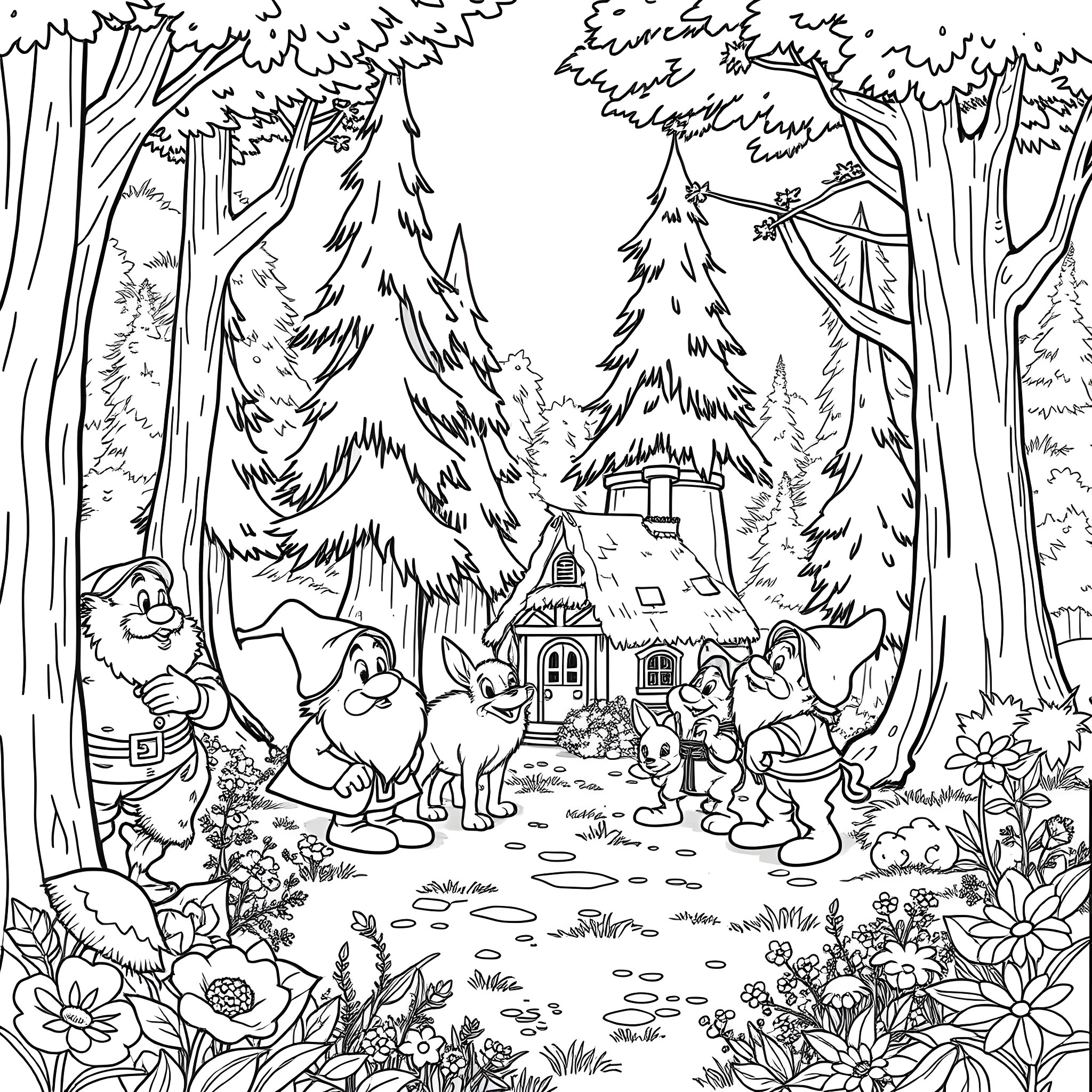 Dwarf Creatures in Whimsical Forest Landscape Coloring Page (free black-and-white line drawing printable PDF for all, from beginners to advanced learners, including children, teens, adults, and seniors)