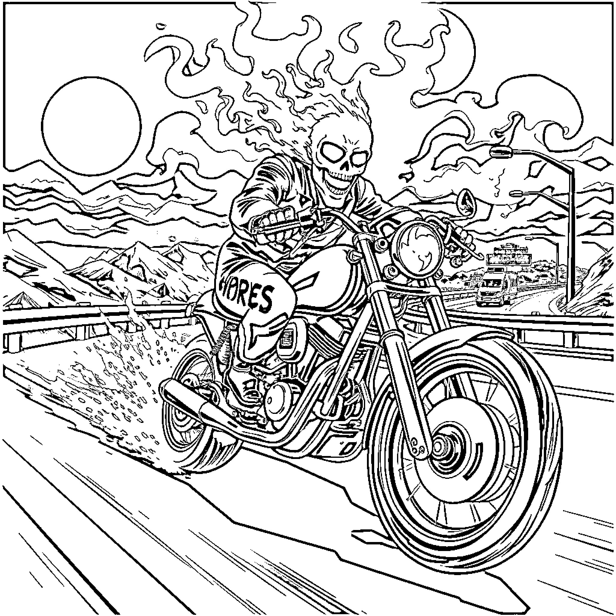 Ghost Rider roaring on a fiery motorcycle through the desert Coloring Page (free black-and-white line drawing printable PDF for all, from beginners to advanced learners, including children, teens, adults, and seniors)