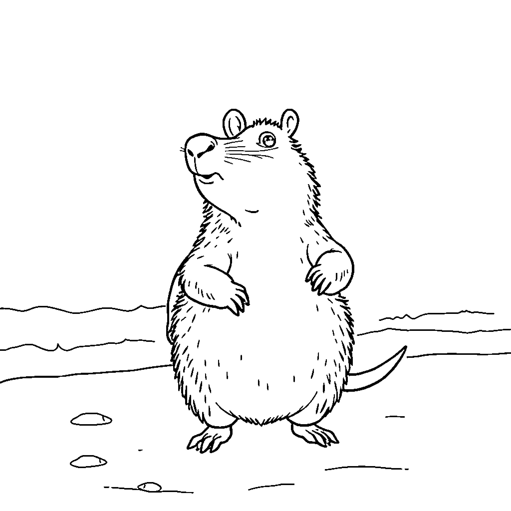 Capybara standing proudly in the outdoors Coloring Page (free black-and-white line drawing printable PDF for all, from beginners to advanced learners, including children, teens, adults, and seniors)
