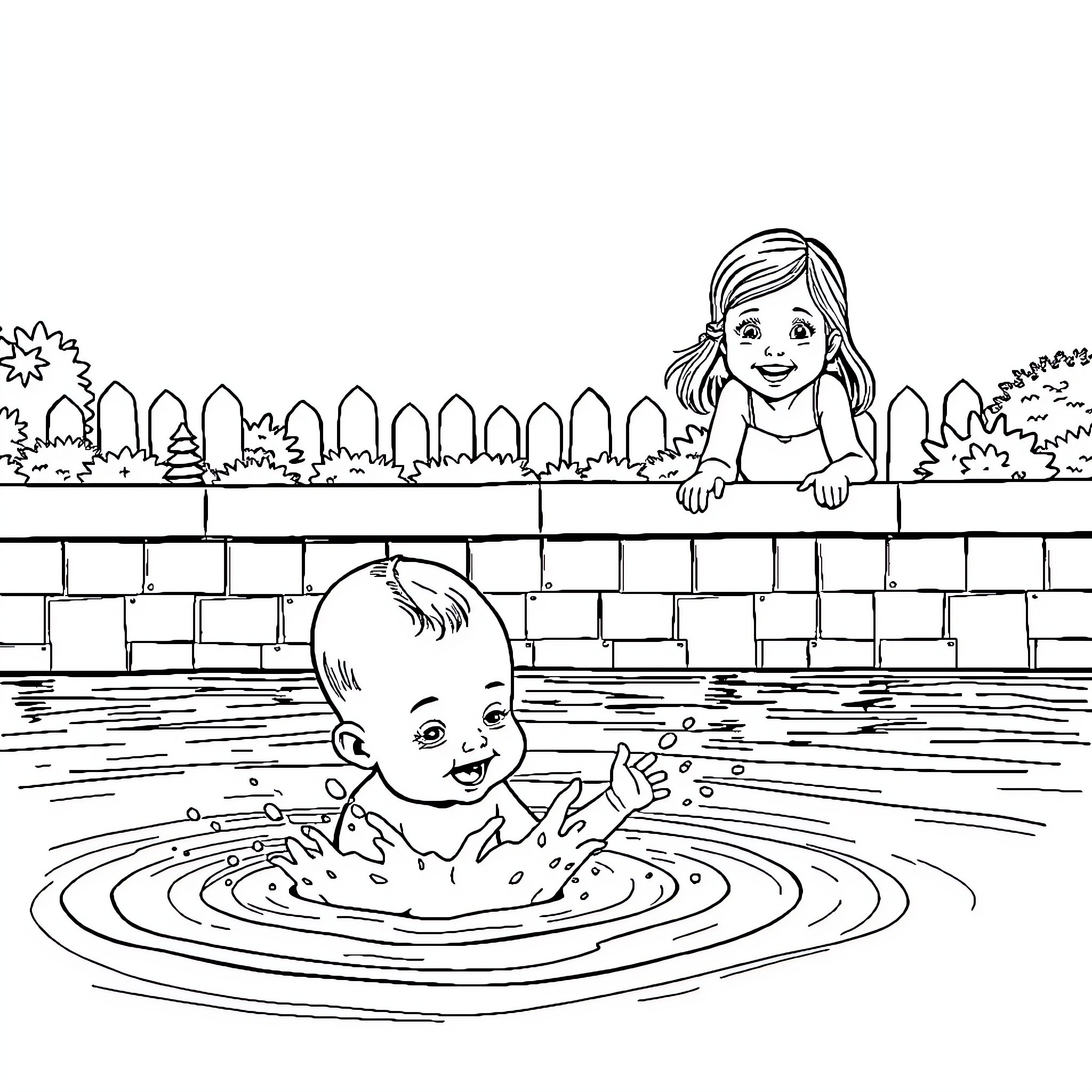 Baby playing happily in the pool Coloring Page (free black-and-white line drawing printable PDF for all, from beginners to advanced learners, including children, teens, adults, and seniors)