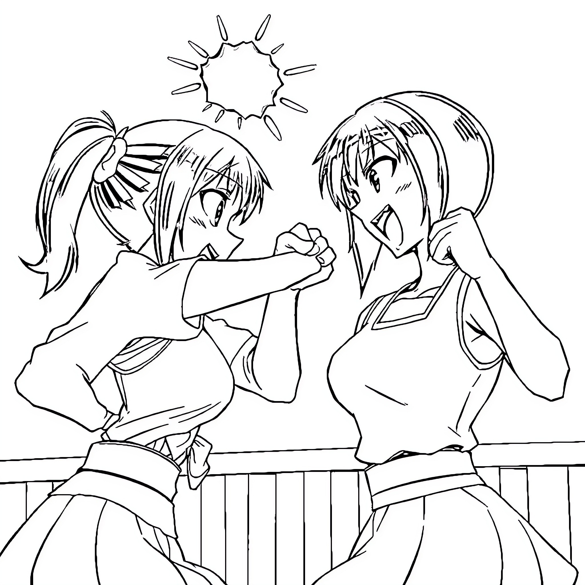 Takanashi Kiera and friend enjoying outdoor activities Coloring Page (free black-and-white line drawing printable PDF for all, from beginners to advanced learners, including children, teens, adults, and seniors)