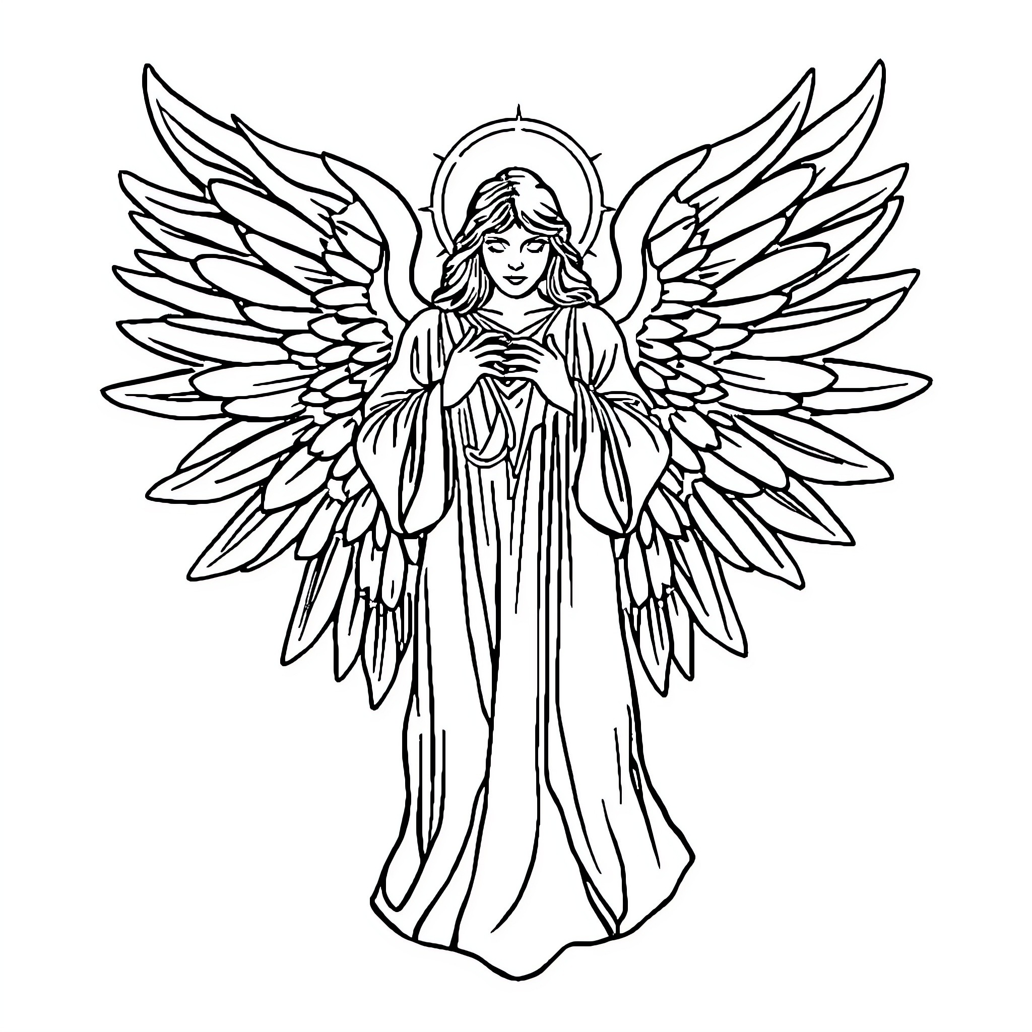 Angel with outstretched wings in prayer Coloring Page (free black-and-white line drawing printable PDF for all, from beginners to advanced learners, including children, teens, adults, and seniors)
