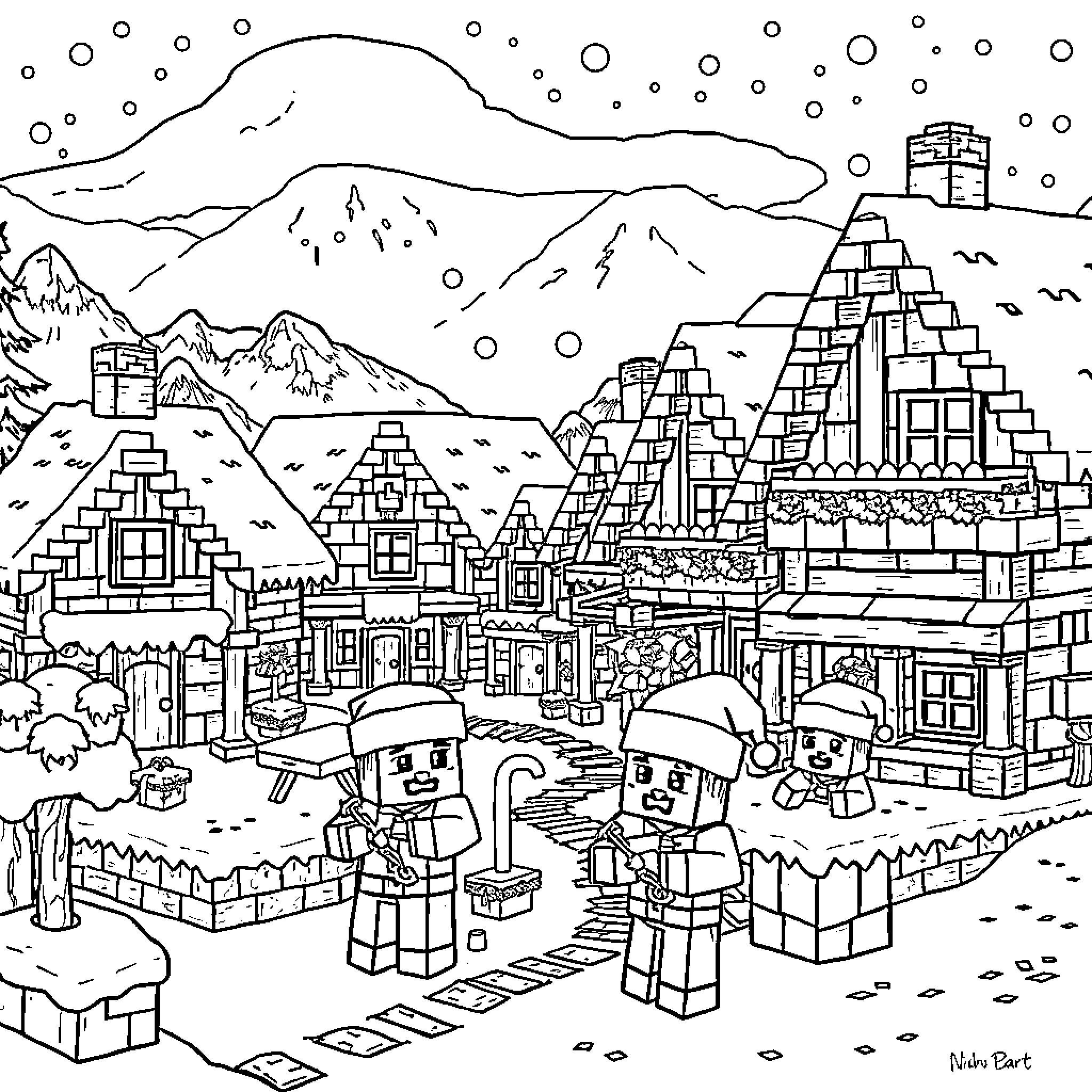 Minecraft winter village with snowy mountains Coloring Page (free black-and-white line drawing printable PDF for all, from beginners to advanced learners, including children, teens, adults, and seniors)