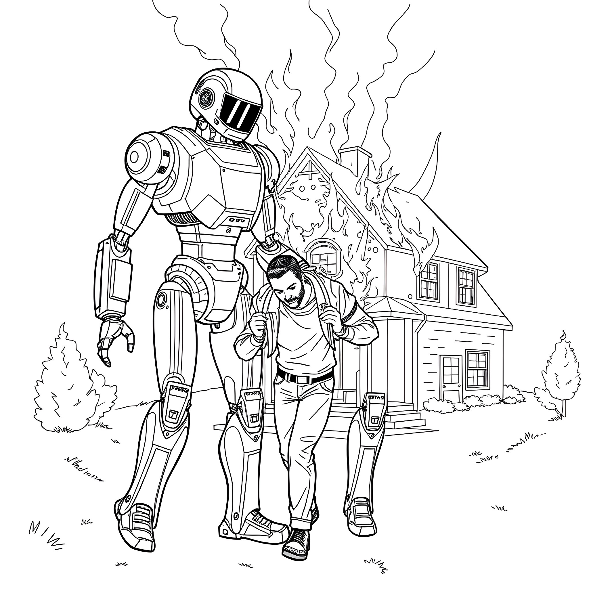 Robot Assisting Human in Damaged House Coloring Page (free black-and-white line drawing printable PDF for all, from beginners to advanced learners, including children, teens, adults, and seniors)