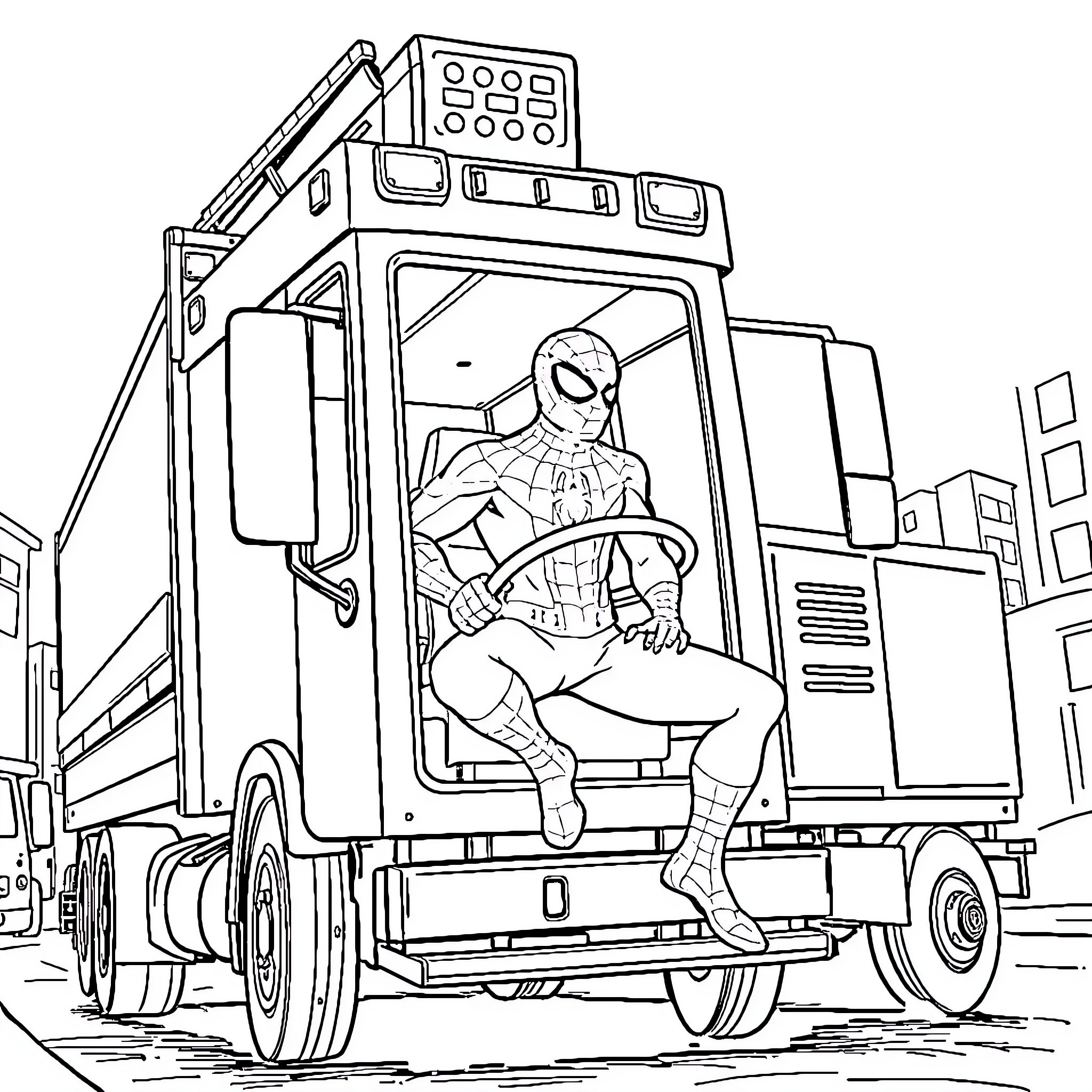 Spiderman rescuing a person from an emergency vehicle Coloring Page (free black-and-white line drawing printable PDF for all, from beginners to advanced learners, including children, teens, adults, and seniors)