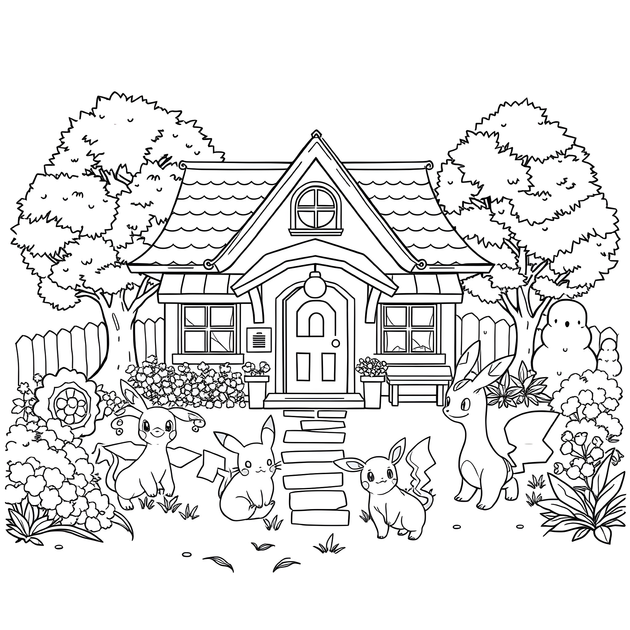 Pokecenter - Charming cottage with Pokemon characters Coloring Page (free black-and-white line drawing printable PDF for all, from beginners to advanced learners, including children, teens, adults, and seniors)
