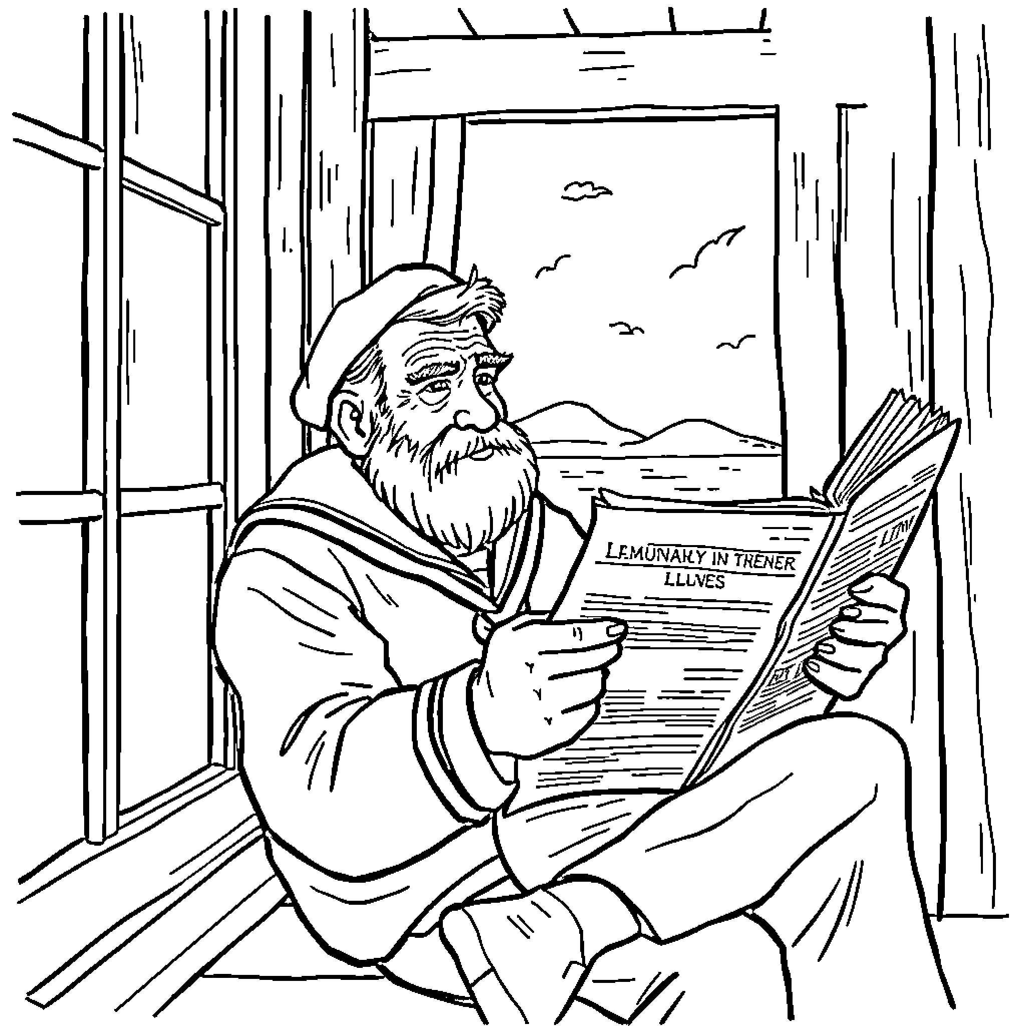 Sailor reading newspaper on the deck Coloring Page (free black-and-white line drawing printable PDF for all, from beginners to advanced learners, including children, teens, adults, and seniors)