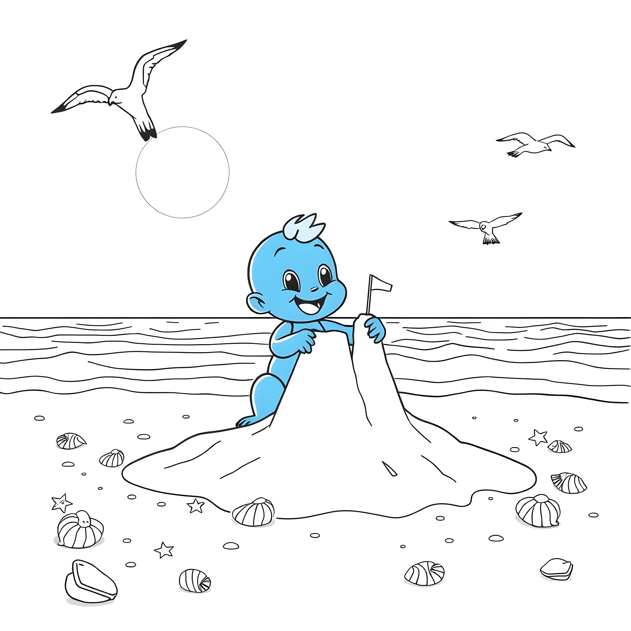 Bluey playing on the beach with seagulls Coloring Page (free black-and-white line drawing printable PDF for all, from beginners to advanced learners, including children, teens, adults, and seniors)
