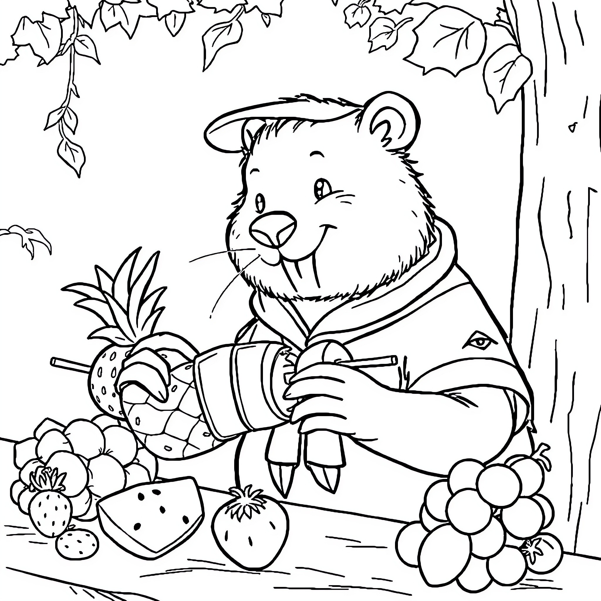 Beaver gathering berries in the forest Coloring Page (free black-and-white line drawing printable PDF for all, from beginners to advanced learners, including children, teens, adults, and seniors)
