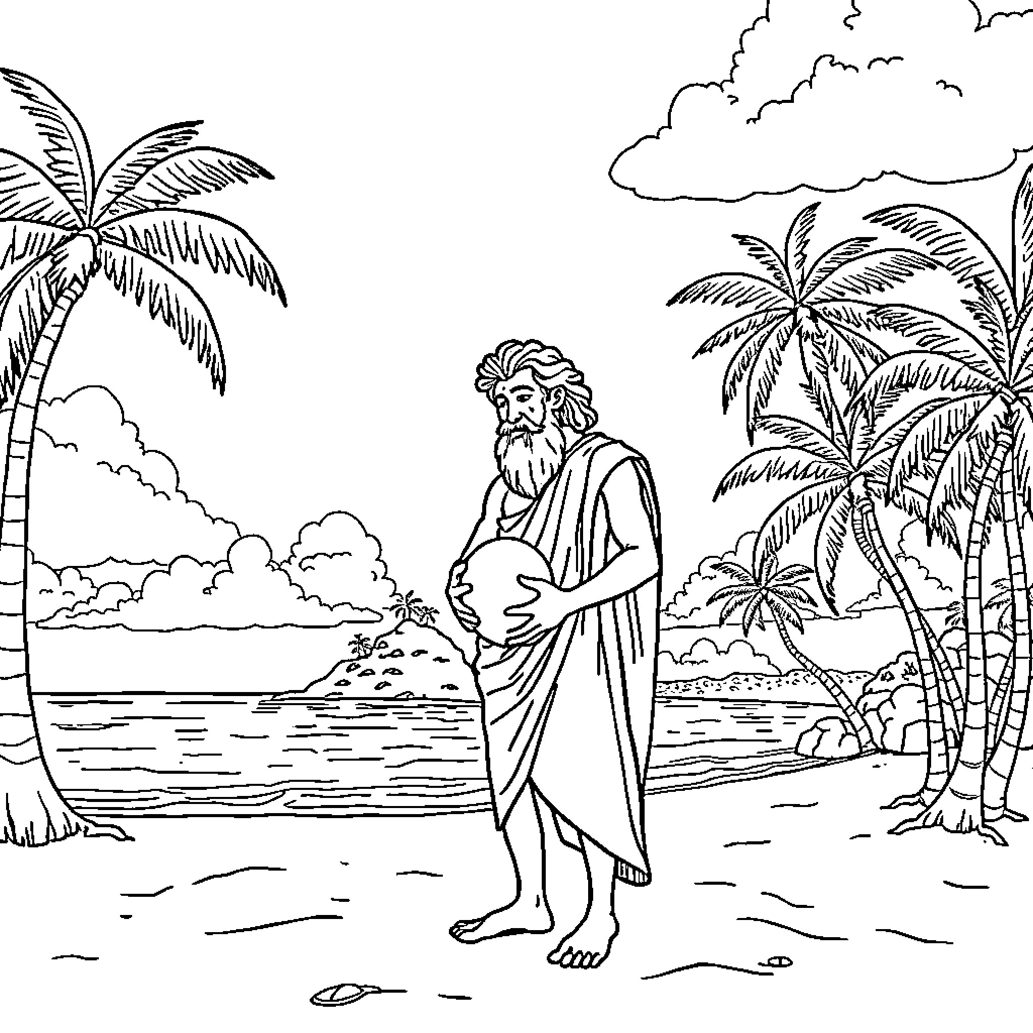 Aesop's Serene Coastal Contemplation Coloring Page (free black-and-white line drawing printable PDF for all, from beginners to advanced learners, including children, teens, adults, and seniors)