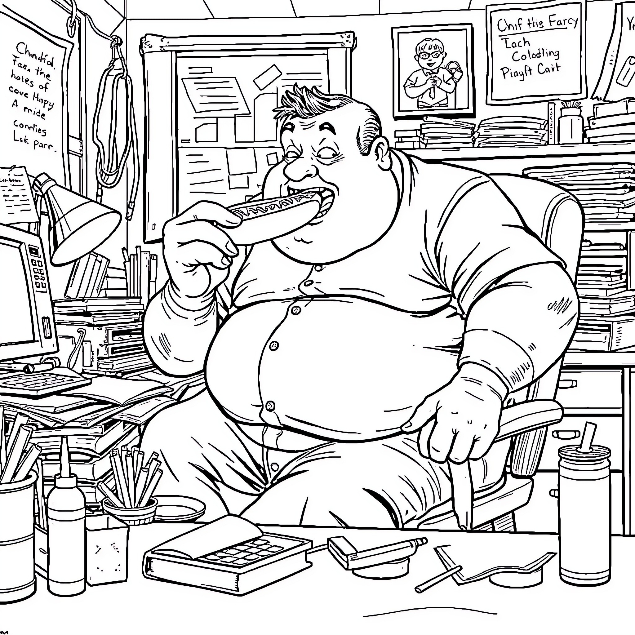 Guy sitting at messy desk eating a sandwich Coloring Page (free black-and-white line drawing printable PDF for all, from beginners to advanced learners, including children, teens, adults, and seniors)