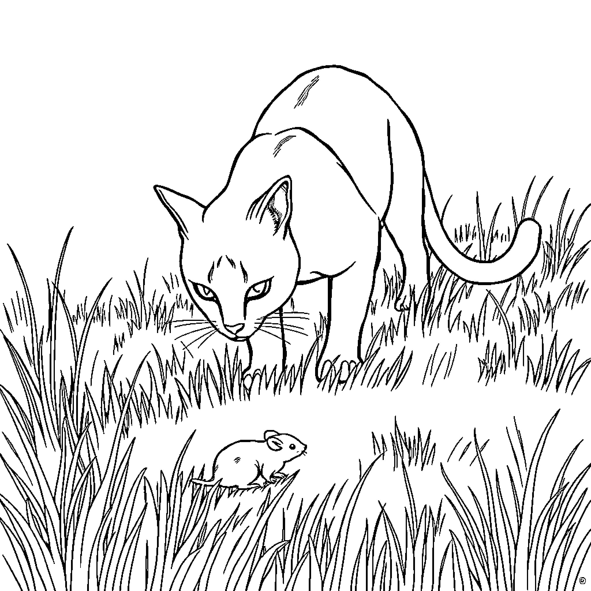 Cat stalking prey in the tall grass Coloring Page (free black-and-white line drawing printable PDF for all, from beginners to advanced learners, including children, teens, adults, and seniors)