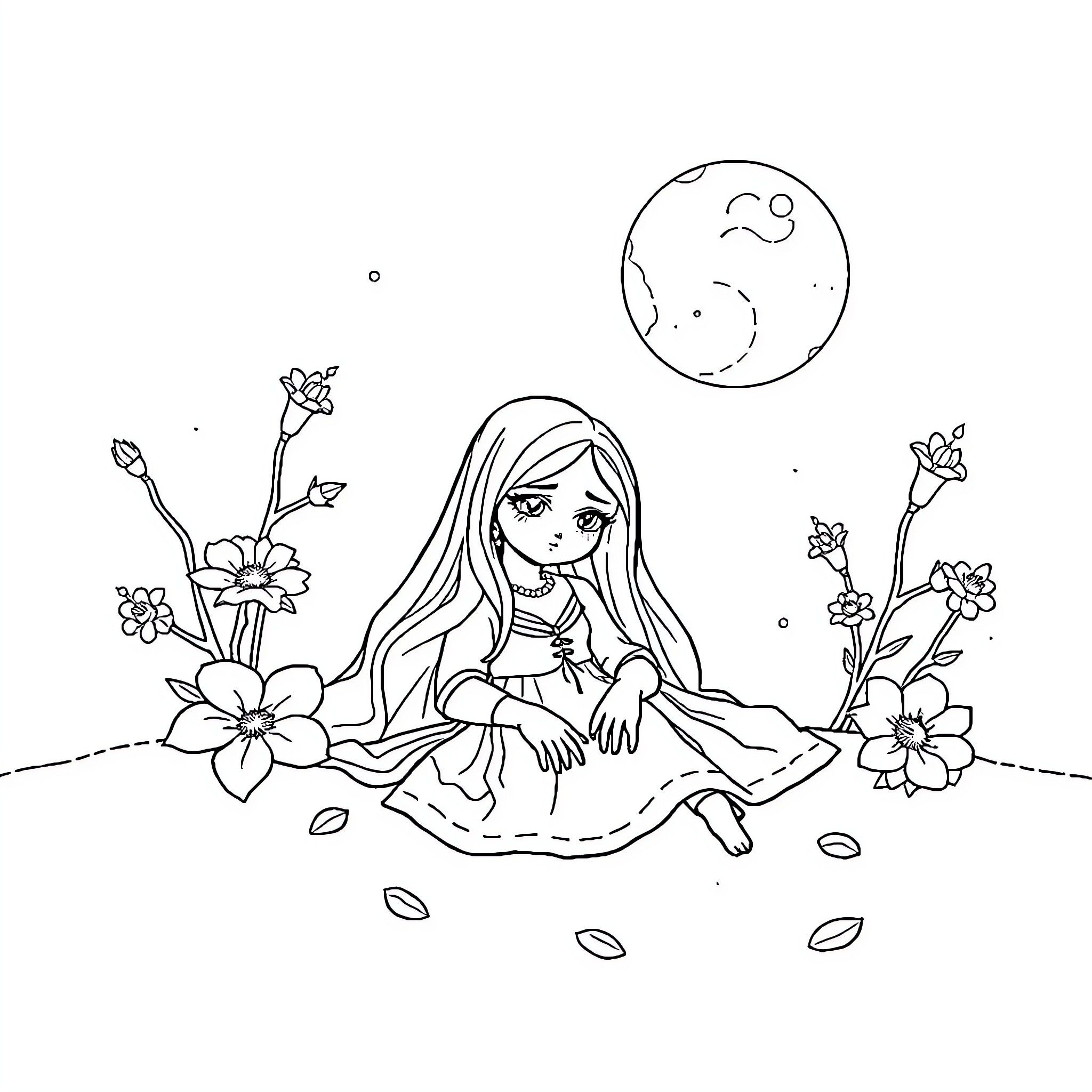 Cinderella dreams amidst enchanted flowers Coloring Page (free black-and-white line drawing printable PDF for all, from beginners to advanced learners, including children, teens, adults, and seniors)