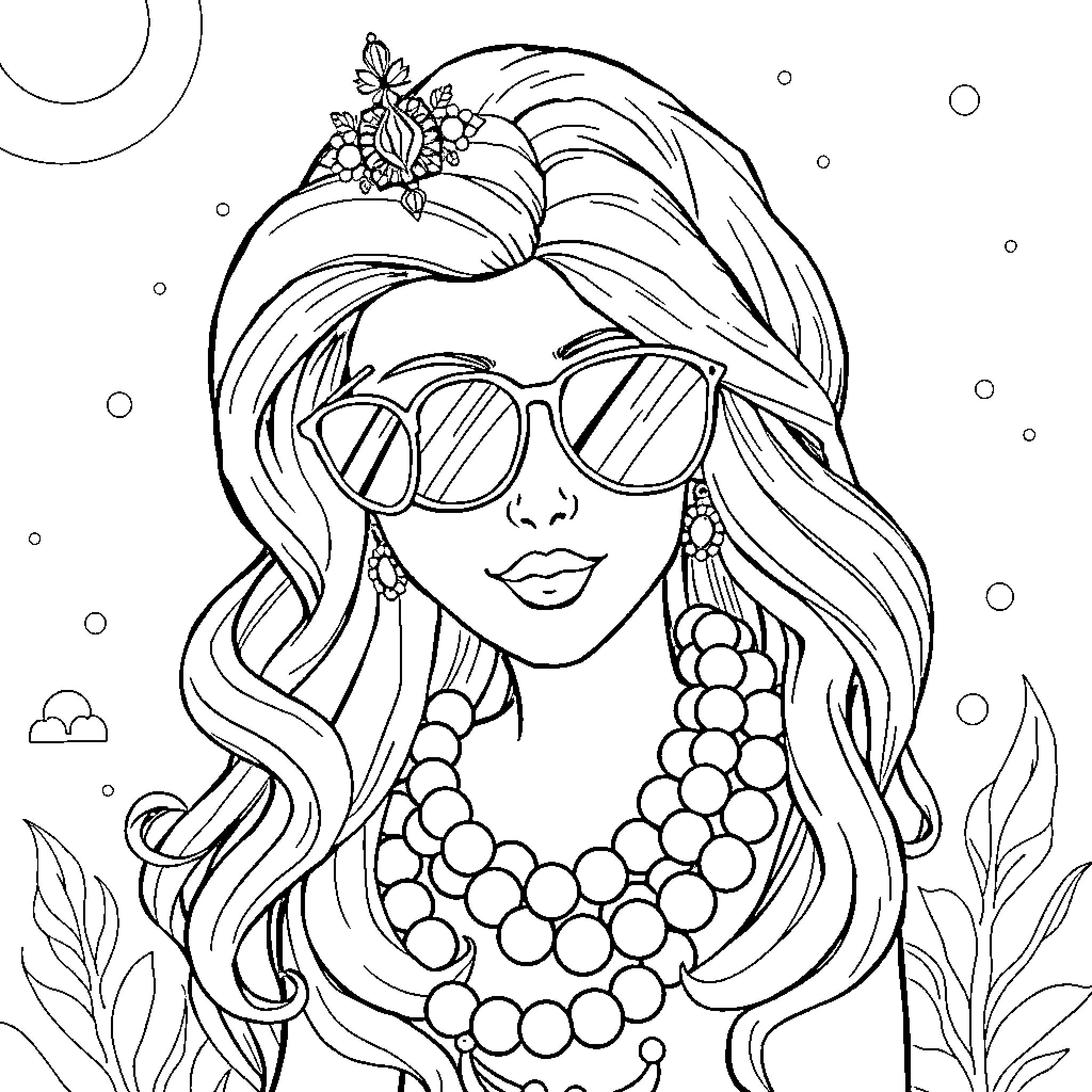 Sirène with whimsical accessories in nature Coloring Page (free black-and-white line drawing printable PDF for all, from beginners to advanced learners, including children, teens, adults, and seniors)