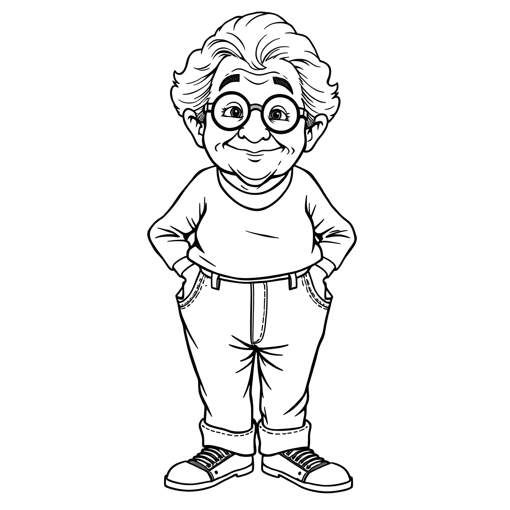 Grandma with Eyeglasses and Friendly Expression Coloring Page (free black-and-white line drawing printable PDF for all, from beginners to advanced learners, including children, teens, adults, and seniors)