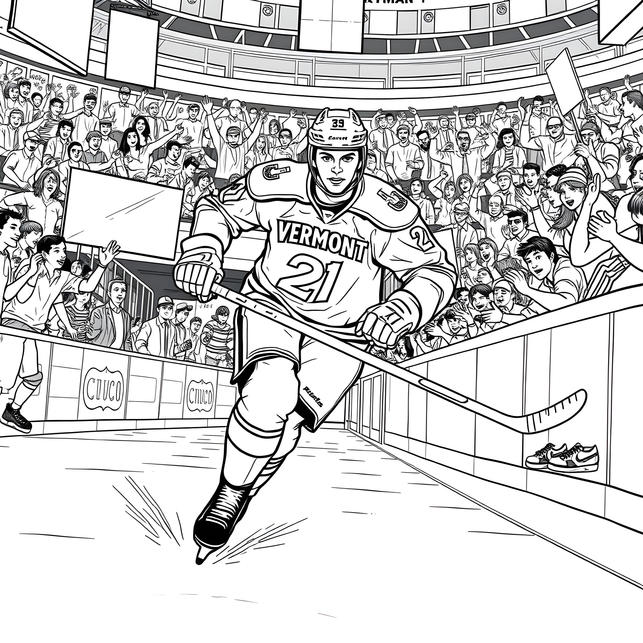 Hockey Player in Action on the Ice Rink Coloring Page (free black-and-white line drawing printable PDF for all, from beginners to advanced learners, including children, teens, adults, and seniors)