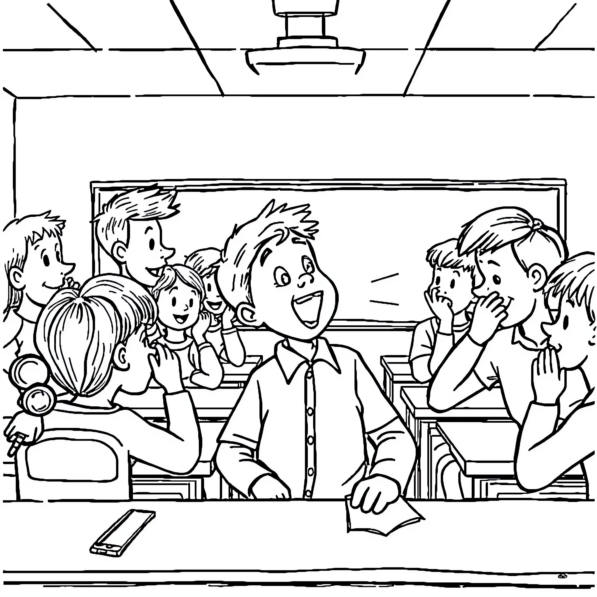 Boy enjoying classroom discussion with classmates Coloring Page (free black-and-white line drawing printable PDF for all, from beginners to advanced learners, including children, teens, adults, and seniors)